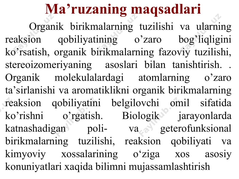 ilgan bo’lib, biokimyo, biofizika, molekulyar biologiya, farmakologiya va boshqa tibbiy biologik fanlar bilan chambarchas bog’langan. bioorganik kimyo metabolizm jarayonida ishtirok etadigan moddalarni o’rganganligi uchun, boshqa tibbiy - biologik fanlarda ishlatiladigan atamalarni ishlatadi. ular qatorida biopolimerlar, bioboshqaruvchilar, substrat, ferment, metabolizm, anabolizm va katabolizm, metabolitlar va antimetabolitlar. hayot faoliyatida muhim bo’lgan biologik faol moddalar katta e'tibor organik moddalarning kimyoviy tuzilishi va stereokimyosiga qaratilgan, chunki moddalarning biologik faolligi ko’p jihatdan ularning fazoviy tuzilishi bilan bog’langandir. bioorganik kimyo fani o’rganadigan asosiy soxalariga biologik polimerlar va bioboshqaruvchilar kiradi. biopolimerlar - yuqori molekulyar tabiiy birikmalar. bularga peptidlar, oksillar, polisaxaridlar va nuklein kislotalar kirsa, bioboshqaruvchilar - modda almashinuvini kimyoviy usul bilan tartibga soluvchi moddalardir. ularga vitaminlar, gormonlar va ko’pgina sintetik faol birikmalar kiradi. tibbiy kimyoni o’rganish uchun zarur bo’lgan mustaqil o’rganish va qaytarish zarur bo’lgan mavzular organik molekulada ta'sirlanish xodisasi organik molekulalarning aromatikligi organik birikmalarning reaksion qobiliyatiga ta’sir etuvchi omillar elektron effektlar (samaralar) organik birikmalarning kislotaligi va …