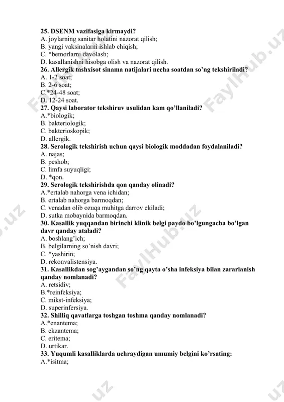sidiv; b.*reinfeksiya; c. mikst-infeksiya; d. superinfersiya. 32. shilliq qavatlarga toshgan toshma qanday nomlanadi? a.*enantema; b. ekzantema; c. eritema; d. urtikar. 33. yuqumli kasalliklarda uchraydigan umumiy belgini ko’rsating: a.*isitma; b. toksikoz; c. eksikoz; d. diareya. mavzu: yuqumli kasalliklar shifoxonasining tuzilishi va ish tartibi. 34. bemorlarni davolashga kirmaydi: a. kun tartibi; b. parhez; c.*tarbiyalash; d. dorilar dilan davolash. 35. joriy dezinfeksiya qachon o’tkaziladi? a. infeksiya o’chog’ida bir marta o’tkaziladi; b. bemor sog’aygach, shifoxonaga yotqizilgach yoki o’lganidan so’ng bir marta; c. *infeksiya o’chog’ida bir necha bor o’tkaziladi; d. muloqotda bo’lganlar orasida o’tkaziladi. 36. yakuniy dezinfeksiya qachon o’tkaziladi? a. infeksiya o’chog’ida bir marta o’tkaziladi; b.*bemor sog’aygach, shifoxonaga yotqizilgach yoki o’lganidan so’ng bir marta; c. infeksiya o’chog’ida bir necha bor o’tkaziladi; d. muloqotda bo’lganlar orasida o’tkaziladi. 37. yakuniy dezinfeksiya kim tomonidan o’tkaziladi? a. dsenm xodimlari tomonidan; b. mahalliy shifokorlar tomonidan; c. mahalliy hamshiralar tomonidan; d.*davolash muassasalari tibbiy xodimlari tomonidan. 38. yuqumli kasalliklar shifoxonasida bo’lishi shart …