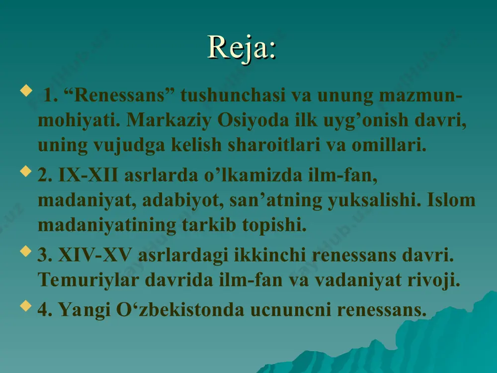 hur asarlari kitob fi usul ilm an-nujum usturlob bilan amal qilish haqidagi kitob oy yerning ustida va ostida bo'lganida vaqtni aniqlash risolasi falakiyot risolasi usturlob yasash haqida kitob * ibn sino(980-1037y) ilmiy merosi sifatida qoldirgan asarlari tib qonunlari kitob az-shifo donishnoma * a.r.beruniy (973-1048y) a.r.beruniyning mashhur asarlari: 1.o'tmish xalqlaridan qolgan yodgorliklar 2.hindiston 3.saydana(farmokognoziya) 4.xorazmning ajoyib kishilari 5.minerologiya 6.geodeziya * abu nasr forobiy - sharqda muallimin as – soniy ya'ni ikkinchi muallim unvoniga ega faylasuf olim. u arastuning “metafizika”, “etika” asariga risola yozgan. uning “fozil odamlar shahri”, “mantiq ilmi”, “ilmlarning kelib chiqishi va tasnifi”, “falsafaga izohlar” va musiqaga bag’ishlangan asarlari bizgacha etib kelgan. ix-xii asrlarda badiiy adabiyotga katta hissa qo'shgan shoir va yozuvchilar: m.qoshg’ariy a.yugnakiy yusuf xos xojib firdavsiy * ix-xii asrlarda yashab ijod etgan tarixchilar: abu bakr narshaxiy abu nasr utbiy abul hasan bayhaqiy * mahmud zamahshariy – xorazmlik tarixshunos buyuk olim. u arab grammatikasi va fonetikasiga asos soldi. uning …