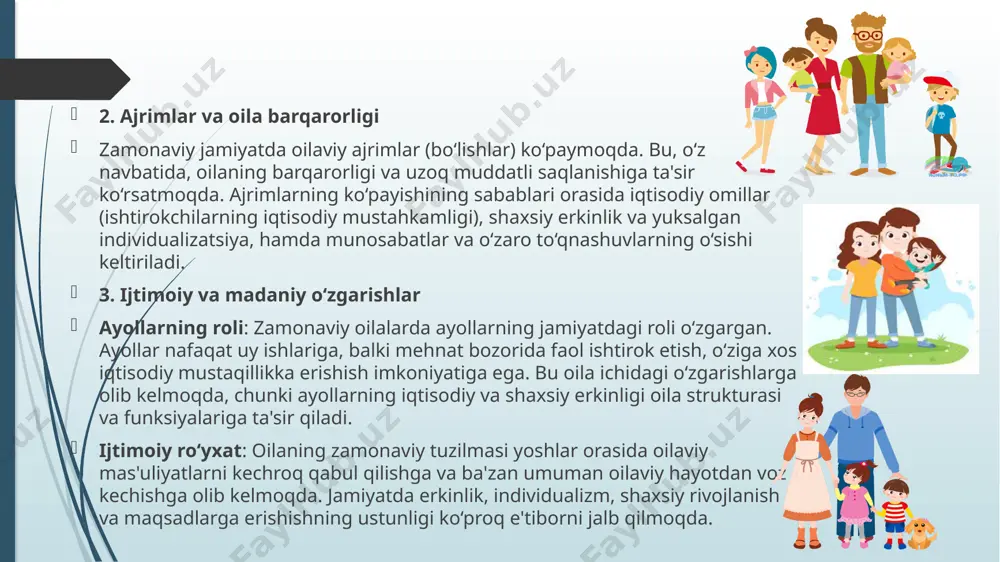 shsizlik, uy-joy muammolari va kundalik hayot uchun zarur xarajatlarni qoplash kabi masalalar oila ichida stress va ziddiyatlarni kuchaytiradi. oila a'zolarining iqtisodiy jihatdan to‘liq mustahkamlanmaganligi oila barqarorligiga salbiy ta'sir ko‘rsatadi. 5. ayollar va erkaklar o‘rtasidagi tengsizlik ayollar va erkaklar o‘rtasidagi tengsizlikning oila tuzilmasidagi ko‘plab jihatlari mavjud. ayollar ish va oila majburiyatlari orasida muvozanatni topishda qiyinchiliklarga duch kelmoqda. erkaklarning oilaviy hayotdagi faol ishtirok etishi va oilaviy majburiyatlarni bo‘lishishi muammolarni yanada chuqurlashtiradi. 6. qarindoshlar o‘rtasidagi munosabatlar oiladagi qarindoshlar o‘rtasidagi munosabatlar, masalan, ona-bola, opa-singil yoki bobo-buvilar bilan bog‘liq muammolar oilaviy ijtimoiy ziddiyatlarga olib kelishi mumkin. bu munosabatlar, o‘zgalar bilan o‘zaro tushunish va yordam so‘rash imkoniyatlarining etishmasligi oqibatida rivojlanadi. 7. ijtimoiy va madaniy o‘zgarishlar oila tuzilmasidagi o‘zgarishlar va madaniy qadriyatlarning yangilanishi jamiyatda oilaga bo‘lgan qarashlarni o‘zgartirgan. shaxsiy erkinlik va individualizatsiya ortishi, yoshlarning oilaga nisbatan qarashlarida o‘zgarishlarga olib kelmoqda, bu esa ba'zi oilalarda muammolarni keltirib chiqaradi. zamonaviy oilaning muammolarini hal etish yo‘llari zamonaviy oilaning muammolarini hal …