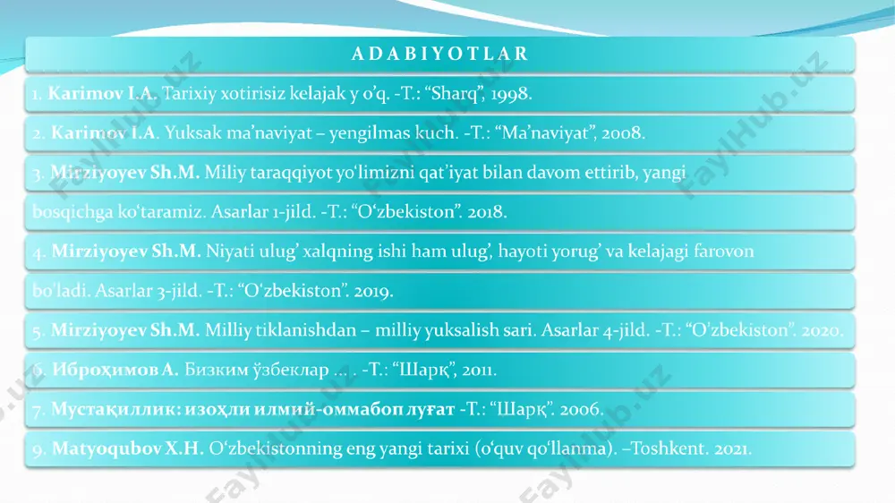 kiston tarixini davrlashtirish masalasida tarixchi olimlar quyidagi yettita asosiy davrni taklif qiladilar: 1. ibtidoiy to’da davri 1 mln. - 40 ming yilliklar orasi 2. urug’chilik jamoasi va mulk egaligining shakllanishi davri 40 ming yillikdan - milodiy iii-iv asrlargacha 3. ilk o’rta asrlar davri milodiy iii-iv asrlardan to ix asr boshlarigacha 4. o’rta asrlar davri ix asr boshlaridan to xix asrning o’rtalarigacha 5. mustamlakachilik va milliy uyg’onish davri xix asr o’rtalaridan - 1917 yilgacha 6. sovetlar (sho’ro) davri 1917-1991 yillar 7. milliy istiqlol davri. 1991-2022 yillar o‘zbekiston respublikasining mustaqillik yillarida bosib o‘tgan yo‘lining mazmun-mohiyati va xususiyatlarini ob’yektiv baholagan holda mustaqillik davrini quyidagi ikki bosqichga bo‘lib o‘rganish maqsadga muvofiq bo‘ldi: 1) 1991–2016-yillar. bu davrda milliy davlatchilik asoslari va ijtimoiy yo‘naltirilgan bozor iqtisodiyotini yuzaga keltirishga qaratilgan o‘tish davrining dastlabki islohotlar amalga oshirildi 2) 2017-yildan keyingi yillar. bu davr tarixi 2016-yil dekabr oyida saylangan o‘zbekiston prezidenti shavkat mirziyoyevning strategik taraqqiyotga asoslangan keng ko‘lamli islohotlar …