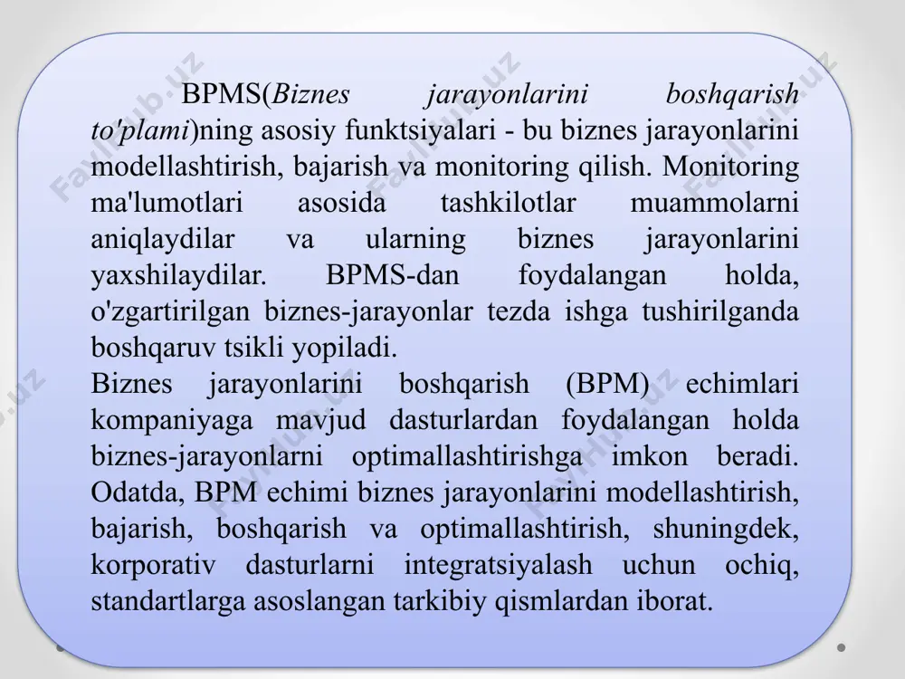 tlashtirish printsipi. avtomatlashtirish - bu ilmiy-texnik taraqqiyotning yo'nalishlaridan biri bo'lib, o'z-o'zini tartibga soluvchi texnik vositalar, iqtisodiy-matematik usullar va boshqarish tizimlaridan foydalanishni, odamlarni energiya, materiallar yoki ma'lumotlarni olish, konvertatsiya qilish, uzatish va ulardan foydalanish jarayonlarida ishtirok etishdan xalos qiladi. operatsiyalar. 5. optimallik printsipi (natijalar va xarajatlarni taqqoslash) shundan iboratki, biznes-jarayonni amalga oshirish samaradorligini baholash uni amalga oshirish samaradorligi va xarajatlarini taqqoslash orqali amalga oshirilishi kerak. 6. o'zgarish printsipi shundan iboratki, biznes jarayonini amalga oshirish bilan bog'liq bo'lgan muayyan qarorlarni qabul qilishda ushbu maqsadga erishishning turli usullari ko'rib chiqilishi kerak. 7. muqobillarni taqqoslash printsipi. biznes-jarayonlarni loyihalashda eng yaxshi echimlarni tanlashda ko'pincha mavjud alternativlarning nomutanosibligiga duch kelish mumkin, chunki bu jarayonlar turli ishlab chiqarish sharoitlarida yuz berishi mumkin, davlat buyurtmalari mavjud va hokazo. 8. noaniqliklarni hisobga olish printsipi biznes jarayonini amalga oshirishda qaror qabul qilish xavfini kamaytirishi mumkin. . 9 biznes-jarayonlarni boshqarish tizimining asosiy modullari: grafik modellashtirish moduli. modul tahlilchiga jarayonni ish jarayoni, …