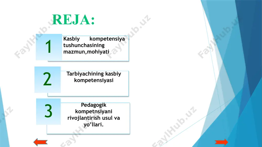 qiyin. aktga egalik qilish ta’lim jarayoni samaradorligini oshirishga, tarbiyachilarning kasbiy malakasini oshirishga yordam beradi. kasbiy mahoratning bir qismi sifatida tarbiyachining loyiha madaniyati ham katta o‘rin tutadi. . professionallik va kompetentlik professionallik va kompetentlik bir-biriga o'hshash bo'lsada, har xil ma'noga ega bo'lgan atamalardir. professionallik deganda nafaqat ma'lum bilimlar, balki mehnatga bo'lgan munosabat, ishning o'ziga xos xususiyatlari tushuniladi. rivojlangan kompetensiyalar darhol seziladi, chunki professional pedagog o'z ko'nikmalarini rivojlantirishga harakat qiladi, muayyan maqsad va natijalarga erishishga intiladi, ishchan qadriyatlar ishlab chiharadi va bular odatda ish jarayonining standartiga mos keladi. kompetentlik esa biroz murakkab mazmunga ega, sababi, nafaqat bilimlarning mavjudligini, balki shu bilan birga ularni qo'llash qobiliyatini ham taqozo etadi. kompetentlik faqat keng qamrovli baholash va kuzatish mumkin . tarbiyachilarning malakasini rivojlantirish tarbiyachilarning malakasini rivojlantirishning turli shakllari va usullari mavjud bo‘lib ularni bosqichma-boqich amalga oshirish mumkin. tarbiyachilar bilan ishlashda malakani rivojlantirishga qaratilgan ko‘plab shakl va usullardan quyidagilarni ajratib ko‘rsatish mumkin: seminar - ijodiy darslar …