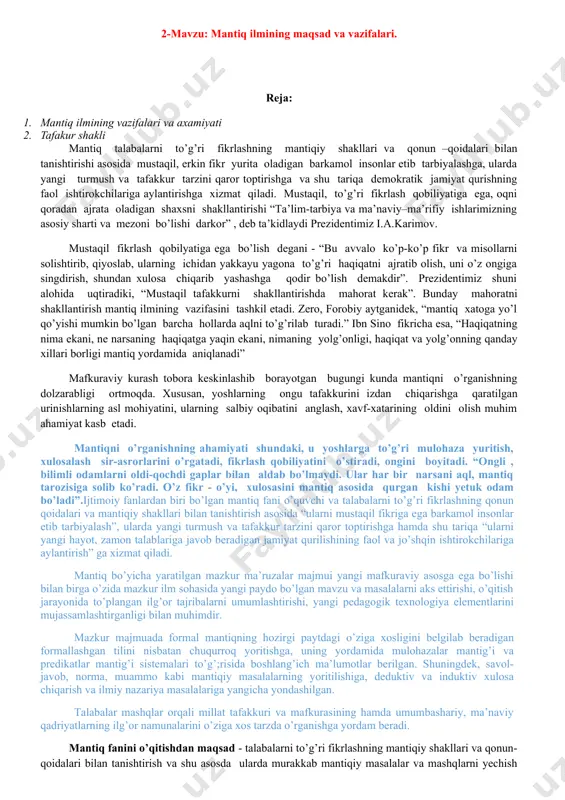 h bilan akd o‘rtasidagi o‘zaro munosabatni, farqni yaxshi ifoda qilishini ta’kidlash lozim. yuqorida qayd etib o‘tilgan holatlar tafakkurga bo‘lgan ehtiyojni, uning bilishda tutgan o‘rnini chuqur anglashga yordam beradi. predmet va hodisalarning mohiyatini tushunishga tafakkur yordamida erishiladi. tafakkur bilishning yuqori- ratsional (lotincha gabo - aql) bilish bosqichi bo‘lib, unda predmet va hodisalarning umumiy, muhim xususiyatlari anikdanadi, ular o‘rtasidagi ichki, zaruriy aloqalar, ya’ni qonuniy bog‘lanishlar aks ettiriladi. tafakkur quyidagi asosiy xususiyatlarga ega: tafakkurda voqelik abstraktlashgan va umumlashgan holda in’ikos qilinadi. hissiy bilishdan farkdi o‘laroq, tafakkur bizga predmetning nomuhim, ikkinchi darajali (bu odatda bilish oldida turgan vazifa bilan belgilanadi) belgilaridan abstraktlashgan (fikran chetlashgan, mavxum- lashgan) holda, e’tiborimizni uning umumiy, muhim, takror- lanib turuvchi xususiyatlariga va munosabatlariga qaratishi- mizga imkon beradi. xususan, turli kishilarga xos individual belgilarni (xulq-atvor, temperament, qiziqish va shu kabilar) e’tibordan chetda qoldirgan hodsa ular uchun umumiy, muhim belgilarni, masalan, maqsadga muvofiq holda mehnat qilish, ongga ega bo‘lish, ijtimoiy munosabatlarga kirishish …