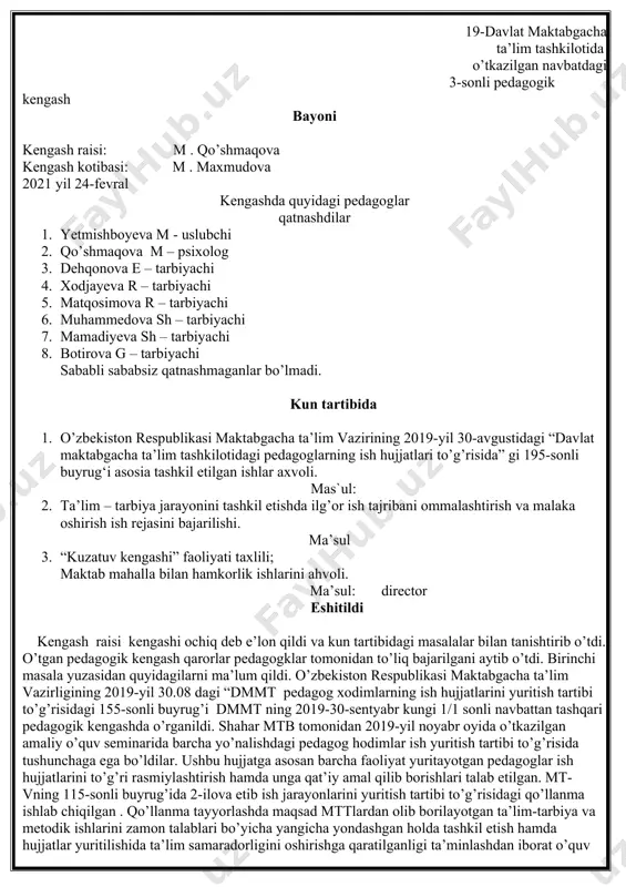 tayyorlashda maqsad mttlardan olib borilayotgan ta’lim-tarbiya va metodik ishlarini zamon talablari bo’yicha yangicha yondashgan holda tashkil etish hamda hujjatlar yuritilishida ta’lim samaradorligini oshirishga qaratilganligi ta’minlashdan iborat o’quv yili boshida mtt raxbari tomonidan tashkilotning barcha pedagog xodimlari ushbu qo’llanma bilan tanishtirildi, ish boshlashdan avval hujjatlar tasdiqlandi va kerakli tavsiyalar berildi. har bir pedagog o’ziga tegishli bo’lgan hujjatga ma’sul hisoblanadi; 01- boshqaruv hujjatlari 02- tarbiyalanuvchilarga oid hujjatlar 03- tashkilot direktori hujjatlari 04- tashkilot uslubchisi hujjatlari 05- tarbiyachilarning ish hujjatlari 06- psixolog ish hujjatlari 07- musiqa rahbari ish hujjatlari 08- jismoniy tarbiya yo’riqchisi 09- umumiy tipdagi maktabgacha difektolog 010- til o’qituvchisining ish hujjatlari yoritib berilgan. tashkilotimizda barcha pedagoglarning ish yuritish hujjatlari to’liq, sifatli va davomat yuritib borilmoqda. mtt da “ustoz shogird” an’analari davom etmoqda ish rejasiga ushbu 155-son buyruq kiritilgan ustoz tomonidan shogirdga yordam berib borilmoqda. mtt yillik ish rejasida aks etgan pedagoglar uchun maslahatlar bandida ham 155-buyruqni o’rganish kiritilgan. pedagoglarmiz dastlab 05-04 …