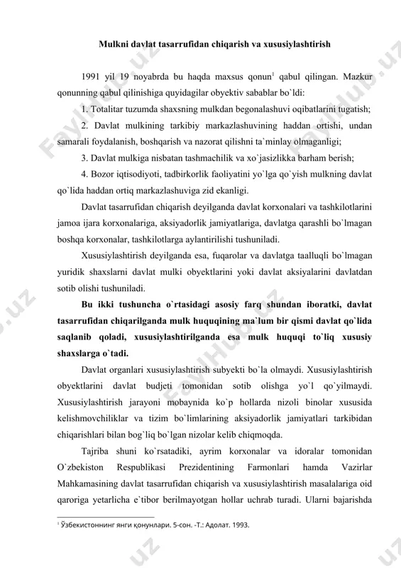 aalluqlidir . davlat korxonasining mulki davlat mulki bo`lgan va davlat korxonasiga biriktirib qo`yilgan mol-mulk to`la xo`jalik yuritish asosida ushbu davlat xo`jaligiga tegishli bo`ladi. korxona o`z mol-mulki bilan to`la xo`jalik yuritish huquqini amalga oshirar ekan, shu mulkka egalik qiladi, undan foydalanadi va uni tasarruf etadi. unga nisbatan qonunga zid bo`lmagan har qanday harakatlarni sodir etishga haqli (davlat korxonasining o`ziga biriktirib qo`yilgan mol-mulkka nisbatan mulkiy huquqlarning mazmunini ashyoviy huquqlarga bag`ishlangan boblarda bayon etilgan). davlat muassasalarining mol-mulki davlat mulki bo`lgan va mulkdor tomonidan davlat budjetida turuvchi davlat muassasasiga, tashkilotiga biriktirib qo`yilgan mol-mulk operativ boshqaruvda bo`ladi. davlat muassasasi, tashkiloti o`z majburiyatlari yuzasidan o`z tasarrufidagi mablag`lari bilan javob beradi. davlat muassasasining, tashkilotining mablag`i yetarli bo`lmagan taqdirda uning majburiyatlari bo`yicha tegishli mulkning egasi javobgar bo`ladi. davlat ijara korxonasining mol-mulki ijara davlat mulkini foydalanishning o`ziga xos shakli bo`lib, ashyoviy huquqlar tizimiga mansub huquqlardan hisoblanadi. bunda davlat mulkini idora qiluvchi organ mehnat jamoasi davlat mulkini ijaraga beradi. bunday …