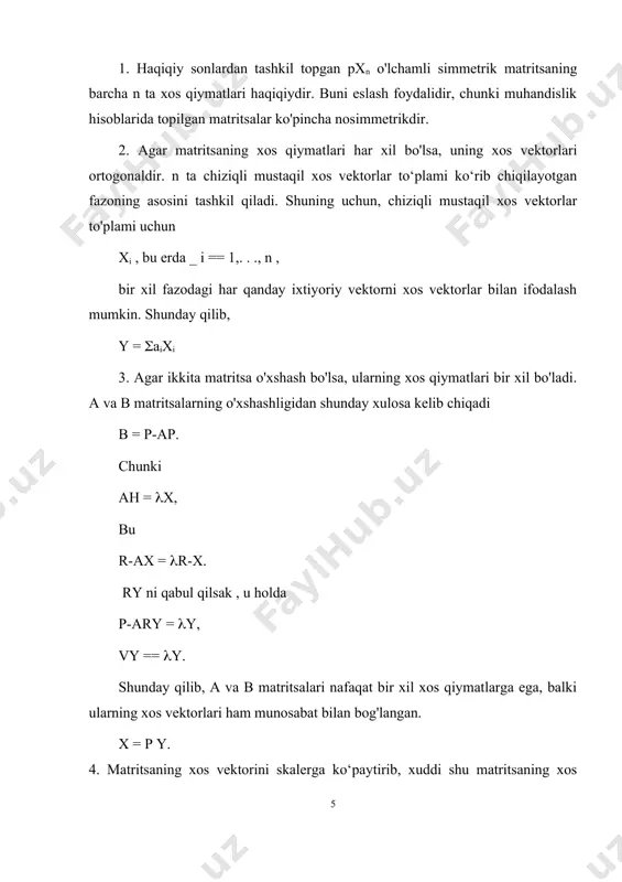r xillik matritsasi. shubhasiz, ortogonal matritsaning teskarisi ko'chirilgan matritsaga teng. 4. agar shunday nosingular bo'lsa, a va b matritsalar o'xshash deyiladi mashqlar. xususiy qiymatlar va xos vektorlarni toping: 1. javob: . 2. javob: . 3. . javob: . 4. . javob: . misol. a = matritsali chiziqli konvertatsiyaning xarakteristik raqamlari va xos vektorlarini toping : . chiziqli o'zgartirishni quyidagi shaklda yozamiz: xarakteristik tenglama tuzamiz: λ²- 8 λ + 7 = 0; xarakteristik tenglamaning ildizlari: λ1= 7; λ2= 1; ildiz uchun λ1= 7: tizimdan olingan bog'liqlik: x1 – 2x2 = 0. xarakteristik tenglamaning birinchi ildizi uchun xos vektorlar koordinatalarga ega: (t; 0,5t) bu erda t - parametr. ildiz uchun λ2 = 1: tizimdan olingan bog'liqlik: x1 + x2 = 0. xarakteristik tenglamaning ikkinchi ildizi uchun xos vektorlar koordinatalarga ega: (t; -t) bu erda t - parametr. olingan xos vektorlarni quyidagicha yozish mumkin: misol. a = matritsali chiziqli konvertatsiyaning xarakteristik raqamlari va …