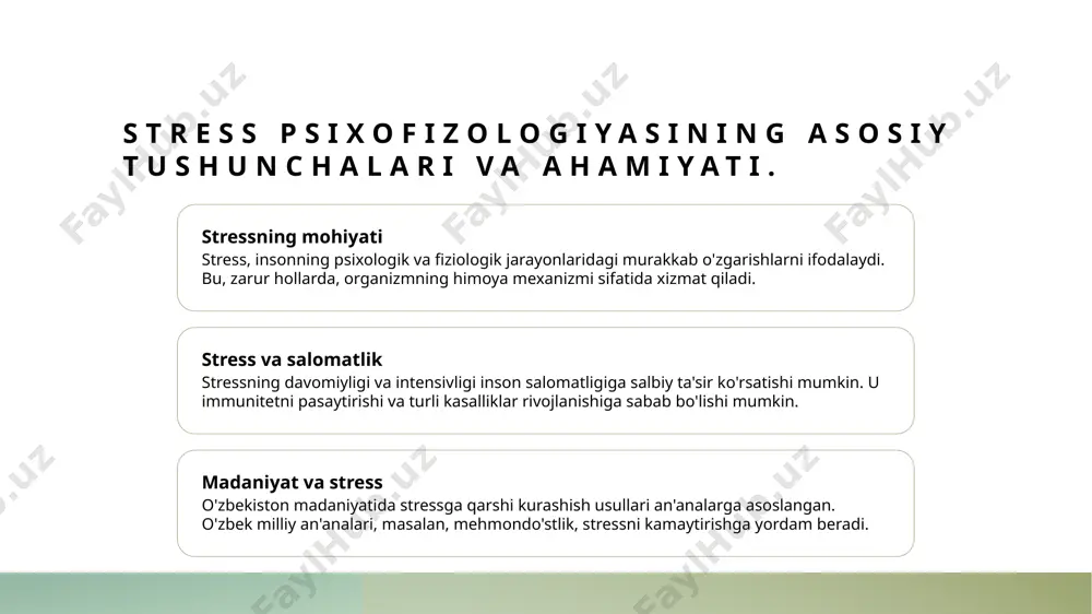 zaro ta'siri shaxsning ruhiy holati va hissiyotlariga ta'sir qiladi. 2 stress va hissiyotlar stress holatlari ko'pincha kuchli hissiyotlar, masalan, qo'rquv yoki xavotir bilan birga keladi, bu esa psixologik holatni yanada murakkablashtiradi. 3 stress va qaror qabul qilish stress ostida insonlar tez-tez noto'g'ri qarorlar qabul qilishadi, bu esa ularning hayotidagi muhim vaziyatlarga salbiy ta'sir ko'rsatishi mumkin. 4 stressni boshqarish stressni boshqarish psixologik jarayonlarning muhim qismidir. madaniy yondoshuvlar va psixologik strategiyalar stressni kamaytirishga yordam beradi. stressning fiziologik ta'sirlari va ularning salomatlikka ta'siri 1 stress va immunitet stress organizmning immun tizimini zaiflashtiradi, natijada infeksiyalar va kasalliklarga chidamlilik kamayadi, salomatlikni yomonlashtiradi. 2 yurak-qon tomir tizimi stress yurak-qon tomir tizimiga salbiy ta'sir ko'rsatadi, qon bosimini oshiradi va yurak urishlarini tezlashtiradi, bu esa yurak kasalliklariga olib kelishi mumkin. 3 hormonlar va metabolizm stress paytida kortizol va adrenalin kabi gormonlar ishlab chiqariladi, bu metabolizmni o'zgartirib, semizlik va boshqa sog'liq muammolariga sabab bo'lishi mumkin. 4 psixologik holat stressning …
