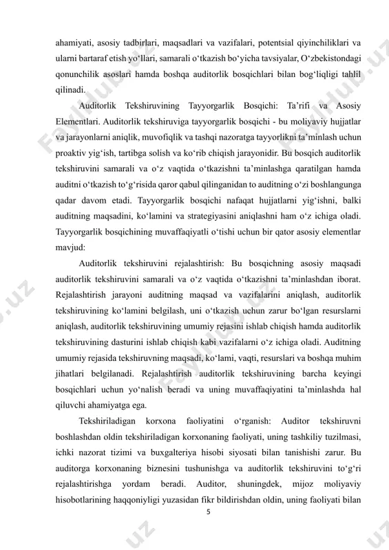 qanday ishlashini o‘rganadi. shuningdek, ushbu tizimlarning samaradorligini baholaydi. bu auditorga moliyaviy hisobotdagi xatoliklar xavfini baholashga va auditorlik tekshiruvining hajmini aniqlashga imkon beradi. ichki nazorat tizimining samaradorligi auditorlik riskini baholashda va tekshiruv hajmini aniqlashda muhim omil hisoblanadi. auditorlik riskini baholash va muhimlik darajasini aniqlash: auditorlik riski deganda moliyaviy hisobotda muhim xatoliklar mavjud bo‘lishi va auditorning bu haqda noto‘g‘ri fikr bildirish xavfi tushuniladi. auditor tayyorgarlik bosqichida auditorlik riskini baholaydi va uning darajasiga qarab auditorlik tekshiruvining hajmini rejalashtiradi. muhimlik darajasi deganda moliyaviy hisobotdagi xatolikning shunday miqdori tushuniladi, agar u aniqlansa, moliyaviy hisobot foydalanuvchilarining iqtisodiy qarorlariga ta’sir ko‘rsatishi mumkin. auditorlik riski va muhimlik darajasi auditorlik tekshiruvining ko‘lamini, usullarini va chuqurligini belgilashda asosiy rol o‘ynaydi. audit strategiyasi va rejasini ishlab chiqish: muhimlik va audit riskini baholashdan so‘ng, auditor tekshiruv strategiyasini ishlab chiqadi. audit strategiyasi - tekshiruvning yakuniy maqsadiga eng kam xarajat bilan sifatli tekshiruv o‘tkazish orqali erishish yo‘lidir. katta auditor tekshiruvning tashkiliy rejasini tayyorlaydi. audit …