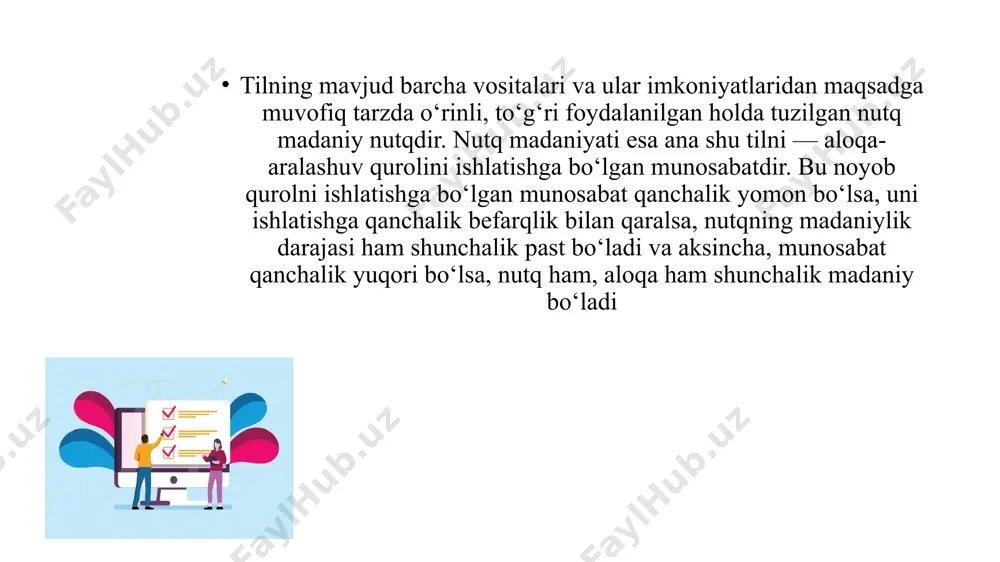 uzilishga e’tibor qiladi notiqlik - bu nutqning og‘zaki shaklidir. notiqlik san’ati - og‘zaki nutq san’atidir. alohida shaxslarning nutqiy mahoratini san’atini ifodalaydi. notiqlik. asosan, nutq vositasida kishilarga muayyan g‘oya va maqsadlarni etkazishni, ularni ma’lum maqsadga safarbar qilishni ko‘zda tutadi. nutqning ham og‘zaki, ham yozma shakli uchun taalluqli tushunchadir jamiyat a’zolarining umumiy nutqiy faoliyatini ko‘zda tutadi. jamiyat a’zolarini ona tili, ya’ni adabiy til boyliklari va vositalaridan maqsadga muvofiq, sharoit va uslub taqozasi talabiga ko‘ra o‘rinli foydalana olish ko‘nikmasini beradi. nutq faoliyatining turlari 01. 03. 02. 04. monologik nutq ichki nutq dialogik nutq yozma nutq 1. sizningcha nutq madaniyati va davlat tilida ish yuritish kursi nima uchun kerak? 2. hozirgi kunda siyosiy, diniy, akademik notiqlardan kimlarni bilasiz? 3. nutq madaniyati va notiqlik san’ati tushunchalarini farqlang. 4. sizningcha, notiqlikni qanday egallash mumkin? tavsiyalar bering. mavzu yuzasidan savollar topshiriq she’rni ifodali o‘qing va undagi zid ma’noli hamda ma’nodosh so‘zlarni toping. topshiriq matnni o‘qib, behuda va …