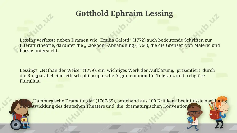 liebe" und "iphigenie auf tauris" wichtige beiträge zum genre des klassischen dramas. epik der klassik bekannte epenautoren der klassik, wie homer mit der ilias und der odyssee, beeinflussten spätere literarische werke über jahrhunderte hinweg und prägten die entwicklung des epischen genres nachhaltig. die epen der klassik zeigen oft eine strenge, dreiteilige struktur (anfang, höhepunkt, ende) und verwenden überwiegend den hexameter, ein versmaß mit sechs daktylischen füßen. die handlung der epen der klassik umfasst oft weitläufige reisen, mythische elemente und göttliche interventionen, wobei etwa 20 bis 30 hauptfiguren eine tragende rolle spielen können. wichtige werke der klassik lessings „nathan der weise“, ein in fünf aufzügen geschriebenes schauspiel, behandelt die toleranz und die gleichheit aller religionen durch die parabel der drei ringe, ein meisterwerk der aufklärung. schillers „kabale und liebe“, ein fünfaktiges bürgerliches trauerspiel, kritisiert die gesellschaftlichen ungerechtigkeiten und den einfluss der macht auf das individuum mit 1784 als entstehungsjahr. goethes „faust“, …