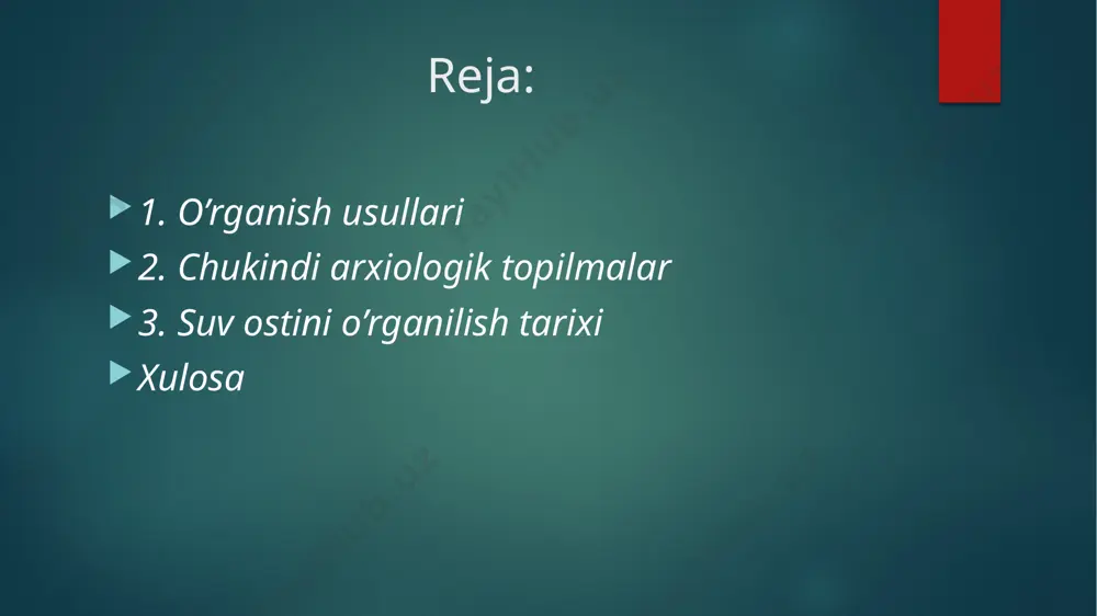 odiy va boshqa jihatlar bilan bog'lanadi. natijada, arxeologik landshaftni o'rganish turli fanlardan ko'plab mutaxassislarni jalb qilishni talab qiladigan multidisipliner yondashuvni o'z ichiga olishi mumkin, shu jumladan tarixgacha, tarixiy arxeologiya, dengiz arxeologiyasiva antropologiya. image6.jpeg image7.jpeg image8.jpeg image9.jpeg image2.png image3.png image4.png image5.png