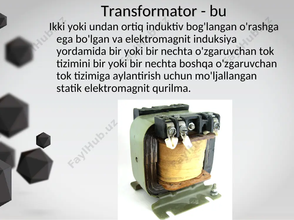 arga tegsa. 1876 yil 30 noyabr , pavel nikolaevich yablochkov tomonidan patent olingan sana birinchi transformatorning tug'ilgan kuni hisoblanadi. bu ochiq yadroli transformator edi, bu o'rashlar o'ralgan novda edi. transformatsiya nisbati - transformatorning birlamchi va ikkilamchi sariqlaridagi kuchlanish nisbatiga teng qiymat xulosa: k n 1 yoki u 2 bo'lsa > u 1 , keyin kuchaytiruvchi transformator ; agar k > 1 bo'lsa , agar n 2 < n 1 bo'lsa yoki u 2 < u 1 , pastga tushiruvchi transformator. elektr ta'minoti ilovalari yilni transformator elektr jihozlarining turli qismlarini quvvatlantirish uchun turli xil kuchlanish talab qilinadi. masalan, televizor mikrosxemalar va tranzistorlarni quvvatlantirish uchun 5 voltdan, kineskop anodini quvvatlantirish uchun 20 kilovoltgacha kuchlanishdan foydalanadi. bu kuchlanishlarning barchasi transformatorlar yordamida olinadi (tarmoq transformatori yordamida kuchlanish 5 volt, gorizontal transformator yordamida 20 kv kuchlanish). shuningdek, kompyuter turli bloklarni quvvatlantirish uchun 5 va 12 volt kuchlanishni talab qiladi. bu kuchlanishlarning barchasi tarmoq kuchlanishidan ko'plab …