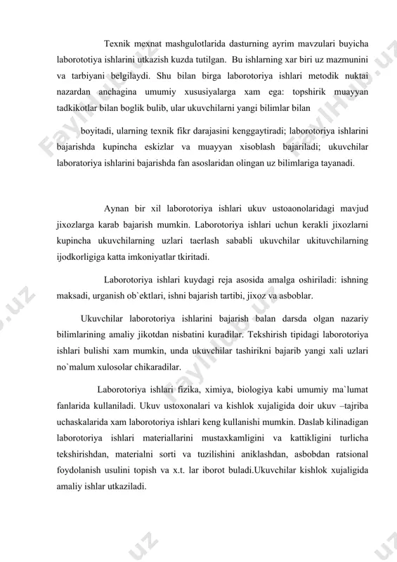 ikning uzini bajartirish maksadida mexnat ta`limida ishlarning frontal (yalpi) usulida borish tugrirok. ishlab chikarish laborotoriya ishlari olti kishidan iborot ikkita brigadada kollektiv ravishda bajarilganda maktab uchun 4-10 bir xil uzel kifoya kiladi. agar jixozlar etarli bulmasa, u vakt ukituvchi bir kancha ishlarning bajarish tarkibini tushuntirib beradi, keyin ukuvchilar navbat bilan ularni bajaradilar. laborotoriya ishlarining muvoffakietli chikishida ogzaki tushuntirishdan tashkari ezma tarzda beriladigan yul-yuriklar xam erdam beradi.