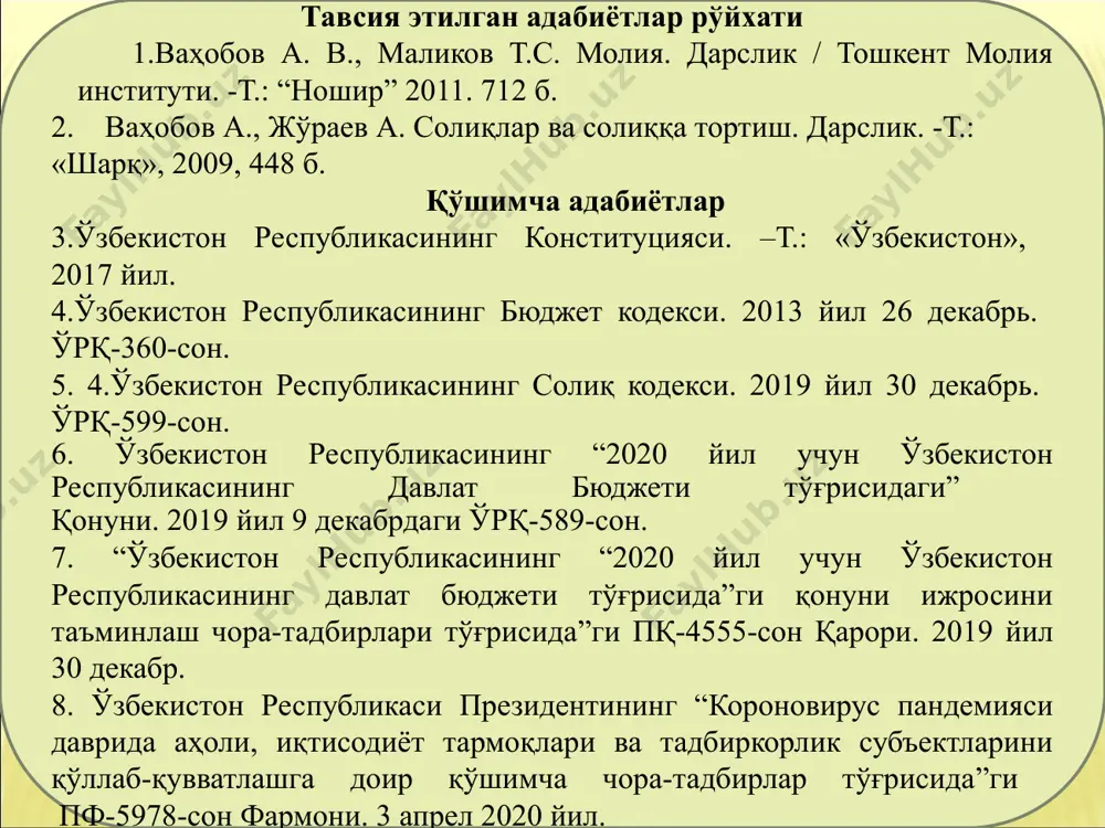 а пасайтирилди; умумий овқатланиш корхоналари учун алкоголь маҳсулотларини чакана сотиш ҳуқуқи учун йиғимлар миқдори белгиланган миқдорлардан 25 фоизга камайтирилди; 2020 йил 1 апрелдан 1 июлгача бўлган даврда туристик (меҳмонхона) йиғимини ҳисоблаш ва тўлаш тўхтатилди; қишлоқ хўжалигидаги ерларни суғориш учун фойдаланиладиган ҳажмлар бўйича сув ресурсларидан фойдаланганлик учун солиқ ставкалари 2020 йилда ўрнатилган ставкалардан 50 фоизга пасайтирилди; 2019 йил учун жисмоний шахсларнинг жами йиллик даромадлари тўғрисидаги декларацияни тақдим этиш муддати 2020 йил 1 августга қадар узайтирилди; жисмоний шахсларнинг мол-мулк солиғи ва ер солиғини тўлаш муддати 2020 йил 15 октябрга қадар узайтирилди. 2.солиқларни иқтисодий моҳиятига кўра гуруҳланиши. ўзбекистон республикаси солиқ кодексининг янги таҳрири 2020 йил 1 январдан бошлаб амал қила бошлади.ушбу солиқ кодексида солиқ юкини камайтириш мамлакат тараққиётининг таянчи бўлган инсофли, ҳалол солиқ тўловчиларни рағбатлантириш, яширин фаолият юритадиганларни эса жазолаш кўзда тутилган солиқ тизими жорий этилди. солиқлар ўзбекистон республикаси солиқ тизими йиғимлар янги қабул қилинган солиқ кодексида солиқлар ва йиғимлар тушунчаси очиб берилди, …