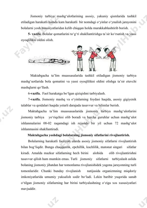 adigan muhim xususiyatdir. epchillik-bu harakatni eng kam vaqt ichida bajara olish qobiliyatidir. u qandaydir bir signalga javob tariqasi bajarilgan harakat tezligiga (harakat reaksiyasi deb ataladigan tezlikka), ayrim harakatlar tezligiga, shuningdek ko‘p marta takrorlanayotgan harakatlarning tezligiga bog‘liq bo‘ladi. harakatlarning mana shu barcha ta’rif-tavsifi, bog‘chadagi kichik yoshdagi bolalardan boshlab to katta gruppadagi bolalarda muntazam mashq natijasida o‘sib boradi. chaqqonlik va epchillikning rivojlanishiga o‘yin va mashqlarni muntazam bajarib borish orqali erishiladi. bunda atrofdagi muhit sharoitning o‘zgarishiga qarab shug‘ullanuvchilar tezlik bilan javob reaksiyasi berishlari hamda bir harakatdan ikkinchisiga jadallik bilan o‘tishlari, tez siljishlari va topshiriqni bajarishlari muhimdir. turli o‘yinlar hamda to‘siqlarni engib o‘tish, to‘xtab-to‘xtab, burilishlar bilan bajariladi birdan berilgan signal bo‘yicha xilma-xil topshiriqlarni bajarish, hatlab o‘tish, engashibemaklab o‘tish bilan bog‘liq bo‘lgan mashqlar, muvozanat mashqlari, har turli sport o‘yinlari va boshqalar mana shunday chaqqonlik va epchillikni o‘stiruvchi mashqlar hisoblanadi. kuchlilik-bu muskullarni ma’lum darajada zo‘riqtira olish qobiliyati bo‘lib, chaqqonlik va epchillikni tarbiyalashning muhim tarkibiy qismi hisoblanadi. …