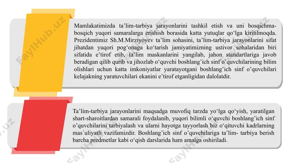 oʻrtasidagi bogʻlanishning mavjudligi. tarbiya mazmuni – shaxsning shakllanishiga qoʻyiladigan ijtimoiy talablar mohiyatidan iborat boʻlib, ijtimoiy-iqtisodiy taraqqiyot, kishilik munosabatlari mohiyati va darajasi, jamiyat mafkurasi gʻoyalari asosda belgilanadi. tarbiya – ma’naviy manbalar va hozirgi zamon talablari va ehtiyojlarini nazarda tutgan holda, oʻqituvchining oʻquvchi bilan aniq bir maqsadga qaratilgan oʻzaro amaliy va nazariy muloqotidir tarbiya jarayoni oʻzaro bogʻliq boʻlgan ikki faoliyatni – oʻqituvchi va oʻquvchi faoliyatini oʻz ichiga oladi. tarbiya jarayonida oʻquvchining ongi shakllana boradi, his va tuygʻulari rivojlanadi, ijtimoiy hayot uchun zarur boʻlgan va ijtimoiy aloqalarga xizmat qiladigan xulqiy odatlari hosil boʻladi. tarbiya jarayonida bolalarning hayoti va faoliyatini pedagogik jihatdan toʻgʻri uyushtirish gʻoyat muhimdir. faoliyat jarayonida bola tashqaridan kelayotgan tarbiyaviy ta’sirga nisbatan ma’lum munosabatda boʻladi. bu munosabat shaxsning ichki ehtiyoji va xohishlarini ifodalaydi. psixologlar va pedagoglarning tadqiqotlari shaxsga tashqi omillarning (xoh ijobiy, xoh salbiy) ta’siri bolaning ularga munosabatiga bogʻliqligini koʻrsatadi. bolaning shaxsiy tajribasi ehtiyojlari tashqi ta’sirga munosabatini belgilab beradi va uning xulqida …