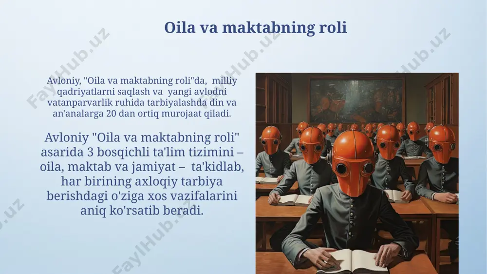 chiqish, ijtimoiy-axloqiy tarbiyani birinchi o'ringa qo'yish kabi muhim jihatlar aks etgan. avloiyning pedagogik qarashlari avloiyning pedagogik qarashlarida milliy o'zlikni anglashga alohida e'tibor berilgan bo'lib, 5 ta asosiy fazilatni – adolat, mehr-oqibat, halollik, vatanga muhabbat va bilimchanlikni tarbiyalashga urg'u berilgan. u o'z asarlarida 3 bosqichli ta'lim tizimini taklif qilib, har bir bosqichda yoshga mos psixologik va axloqiy tarbiya usullarini bayon qilgan. mustaqil fikrlash va tanqidiy yondashuv tanqidiy yondashuvni rivojlantirish uchun avloniy 10 dan ortiq misol keltirib, mantiqiy xulosa chiqarish, dalillarni tahlil qilish va turli nuqtai nazarlarni solishtirish kabi ko'nikmalarni o'rgatishga alohida e'tibor qaratgan. аvloniyning asarlarida mustaqil fikrlashni rivojlantirish uchun 3 bosqichli pedagogik yondashuv taklif qilingan bo'lib, bu 1-kuzatish, 2-tahlil va 3-xulosa chiqarish bosqichlaridan iborat. zamonaviy ijtimoiy muammolarga munosabat ushbu asarda ta'limning ahamiyati, xususan, vijdonli va mustaqil fikrlashga asoslangan tarbiyaning jamiyat taraqqiyoti uchun muhimligi 5 ta dalil bilan bayon etilgan. avloniy "zamonaviy ijtimoiy muammolarga munosabat" asarida 19-asr oxiri va 20-asr boshlarida mavjud …