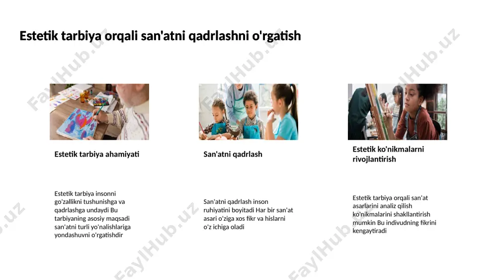 moa bilan ishlash va ijtimoiy aloqalar o'rnatish ko'nikmalarini rivojlantiradi estetik tarbiyaning bolalar rivojiga ta'siri emotsional rivojlanish bolalardagi emotsional sezgirlik va empatiya estetik tarbiya orqali kuchayadi bu esa ularning psixologik sog'lomligini ta'minlaydi 9 axloqiy tarbiyaning ijtimoiy hayotdagi ahamiyati axloqiy qadriyatlar axloqiy tarbiya shaxslarni ijtimoiy hayotda muhim bo'lgan qadriyatlarni o'rgatadi. bu qadriyatlar insonlar o'rtasidagi aloqalarni yaxshilashga yordam beradi. axloqiy tarbiyaning ijtimoiy hayotdagi ahamiyati ijtimoiy mas'uliyat axloqiy tarbiya shaxsga o'zini, oilasini va jamiyatni qadrlash uchun mas'uliyat hissini oshiradi. bu ijtimoiy barqarorlikni ta'minlaydi. axloqiy tarbiyaning ijtimoiy hayotdagi ahamiyati muloqot qobiliyati axloqiy tarbiya insonlarning muloqot qobiliyatlarini rivojlantiradi. bu bir-birini tushunishga va hurmat qilishga yordam beradi. axloqiy tarbiyaning ijtimoiy hayotdagi ahamiyati 10 ekologik tarbiyani joriy etishning amaliy usullari muhitga faoliyat talabalarni ekologik muammolarni hal qilish jarayoniga joriy etish muhimdir ekologik tarbiyani joriy etishning amaliy usullari fanning integratsiyasi ekologik ta'limning boshqa fanning o'quv dasturlariga integratsiyasi samarali natijalarga olib keladi ekologik tarbiyani joriy etishning amaliy usullari amaliy tadbirlar …