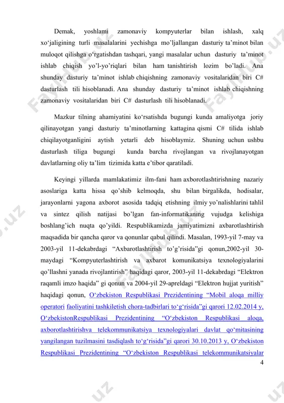unikatsiya texnologiyalarini joriy etish to‘g‘risida”gi farmoni fikrimiz dalilidir. 2005 yil 2-iyunda o’zbеkiston rеspublikasi prеzidеntining “axborot tеxnologiyalari sohasida kadrlar tayyorlash tizimini takomillashtirish to’g’risida”gi qarori qabul qilindi. bu qarorlarning davomi sifatida o’zbekiston respublikasi “axborot erkinligi prinsiplari va kafolatlari to’g’risida” qonuni 2012-yil 12-dekabrda qabul qilindi. ushbu qonun 16 moddadan tashkil topgan bo’lib, unda ushbu qonunning asosiy vazifalari, axborot erkinligi prinsiplari va kafolatlari to'g'risidagi qonun hujjatlari, axborot erkinligining asosiy prinsiplari axborotning ochiqligi va oshkoraligi, axborotni olish tartibi, shaxsning, jamiyatning, davlatning axborot borasidagi xavfsizligi va shunga o’xshash bir necha moddalarni o’z ichiga oladi. oxirgi davrda axborotli muhitda katta o’zgarishlar bo’lib bormoqda. ana shu o’zgarishlar qog’ozsiz texnologiya zarurligini keltirib chiqardi. bu esa o’z navbatida ehm ning yanada keng rivojlanishiga sabab bo’ldi. kompyuterlashtirish texnik muammolarni o’z ichiga olsa, axborotlashtirish kompleks jarayon bo’lib, u jamiyat hayotining barcha jabhalarini qamrab oladi. kompyuterlar uning texnik asosinigina tashkil etadi xolos. agar biz kompyuterdan unumli foydalana olsak, o’ylaymanki yashash jarayonimizni yanada yengillashtira …