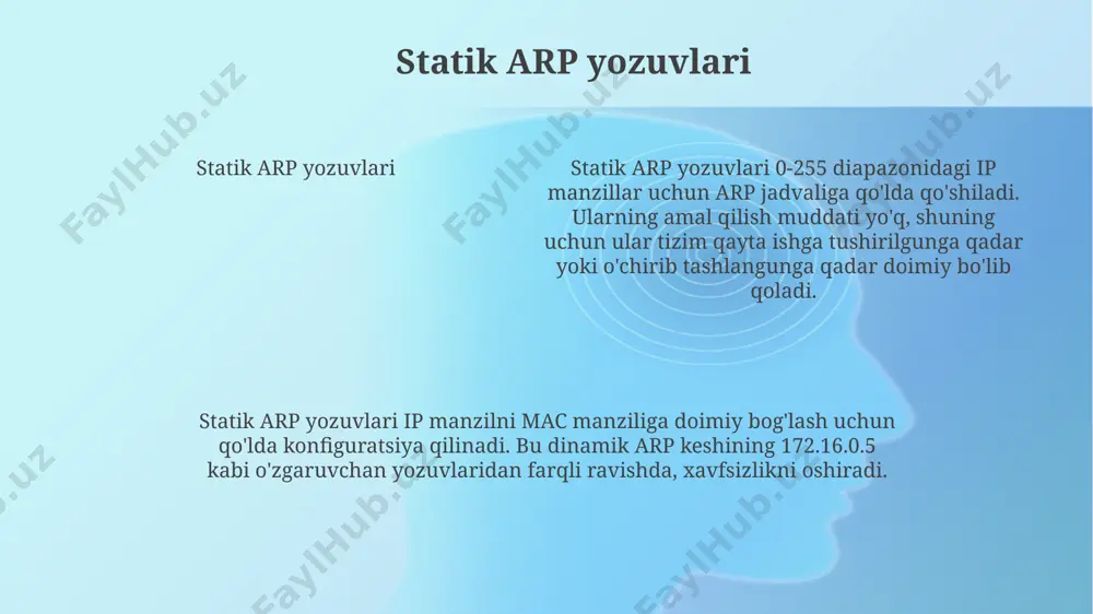 inamik ravishda bog'laydi. bu vaqtinchalik bog'lanish taxminan 2-3 daqiqa amal qiladi. dinamik arp jarayoni arp so'rovini yuborish va arp javobini olishni o'z ichiga oladi, lekin u standart arp dan farqli ravishda, cache-da 0 yoki 1 yozuvni saqlash imkoniyatiga ega. arpni himoya qilish usullari arp soxtalashtirish hujumlaridan himoya qilish uchun statik arp yozuvlaridan foydalaning. bunda har bir qurilma o'zining doimiy ip-manzili va mac-manzili xaritasiga ega bo'ladi, bu esa 80% gacha hujumlarni to'xtata oladi. dinamik arp inspektsiyasini (dai) joriy eting, bu kalitlarda arp so'rovlarini tekshiradi. dai dhcp ma'lumotlar bazasiga asoslanib, arp paketlarining haqiqiyligini tasdiqlaydi va 95% gacha noto'g'ri xabarlarni filtrlaydi. arpni himoya qilish usullari arp muammolarini bartaraf etish arp keshi zahiralashdan himoyalash uchun statik arp yozuvlarini qo'llash mumkin. bu orqali manzilni soxtalashtirish hujumlaridan (arp spoofing) himoyalanishning 1-usuli bo'lib, ishonchli xaritalashni ta'minlaydi. arpning haddan tashqari ishlatilishi (arp flooding)ni kamaytirish uchun arp so'rovlarini cheklash tavsiya etiladi. bu bir daqiqada qabul qilingan arp so'rovlar sonini …