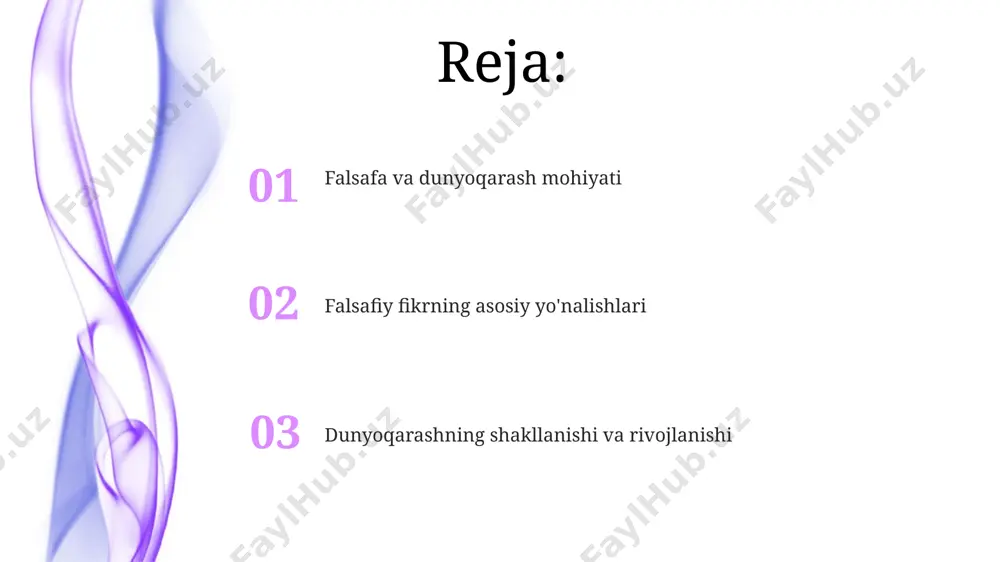 ar ta’sirida shakllanadi, ularning orasida falsafa hal qiluvchi ahamiyatga ega. falsafa dunyoqarashning 3 ta asosiy tarkibiy qismini – epistemologiya (bilish nazariyasi), ontologiya (mavjudot nazariyasi) va aksiologiya (qadriyatlar nazariyasi)ni shakllantirishda muhim rol o'ynaydi. tanqidiy fikrlash va mustaqil fikrlash танқидий фикрлаш шахснинг 5 та асосий когнитив функциясини – таҳлил қилиш, баҳолаш, синтезлаш, тафовутларни аниқлаш ва хулоса чиқаришни ривожлантиради. танқидий ва мустақил фикрлаш ўртасидаги алоқа 70% мантиқий таҳлил ва 30% интуицияга асосланган бўлиб, бу муаммони ечишда самарадорликни оширади. inson va dunyo haqidagi tasavvurlar insonning dunyo haqidagi tasavvurlari, taxminan 20 yoshgacha shakllanib, keyinchalik hayot tajribasi va yangi bilimlar orqali o'zgarib boradi, lekin asosiy tamoyillarini saqlab qoladi. o'rta asrlarda 7 dan ortiq turli falsafiy maktablar inson va dunyo haqidagi turlicha tasavvurlarni shakllantirishga hissa qo'shgan, bu esa zamonaviy dunyoqarashning xilma-xilligini belgilashda muhim rol o'ynagan. falsifa va dunyoqarashning mohiyati falsafiy maktablarning (masalan, materializm, idealizm) 2 ta asosiy xususiyati bor: ularning ontologik va epistemologik pozitsiyalari, dunyoqarash esa shu …