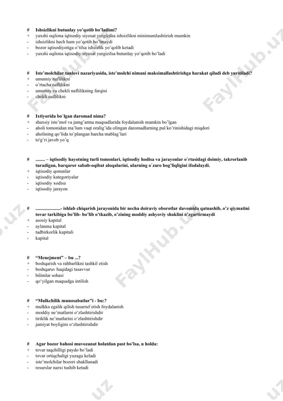 xirasiga aylanishi - maktabni bitirib ish topa olmay yurgan yoshlar - ob-havo sovib ketganligi sababli va yoki korxonada texnik qayta ta’mirlash natijasida vaqtincha ishsiz qolganlar - belgilangan maoshga qoniqmaganligi sababli ishsiz qolgan odamlar # ishsizlikni butunlay yo’qotib bo’ladimi? + yaxshi oqilona iqtisodiy siyosat yurgizilsa ishsizlikni minimumlashtirish mumkin - ishsizlikni hech ham yo’qotib bo’lmaydi - bozor iqtisodiyotiga o’tilsa ishsizlik yo’qolib ketadi - yaxshi oqilona iqtisodiy siyosat yurgizilsa butunlay yo’qotib bo’ladi # iste’molchilar tanlovi nazariyasida, iste’molchi nimani maksimallashtirishga harakat qiladi deb yuritiladi? + umumiy naflilikni - o’rtacha naflilikni - umumiy va chekli naflilikning farqini - chekli naflilikni # ixtiyorida bo`lgan daromad nima? + shaxsiy iste’mol va jamg’arma maqsadlarida foydalanish mumkin bo’lgan - aholi tomonidan ma’lum vaqt oralig’ida olingan daromadlarning pul ko’rinishidagi miqdori - aholining qo’lida to’plangan barcha mablag’lari - to'g’ri javob yo’q # ........ – iqtisodiy hayotning turli tomonlari, iqtisodiy hodisa va jarayonlar o`rtasidagi doimiy, takrorlanib turadigan, barqaror sabab-oqibat aloqalarini, ularning o`zaro …