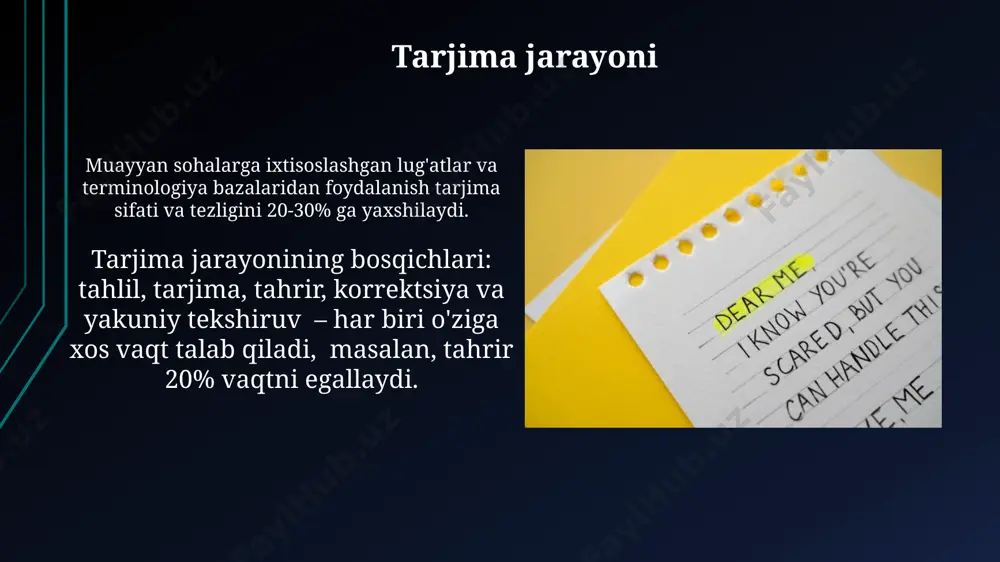 sikologiya va sintaksis bo'limlariga oid 10 dan ortiq nazariy tushunchalarni o'z ichiga oladi. tarjima usullari tarjimada 3 ta asosiy usul mavjud: to'g'ridan-to'g'ri, erkin va moslashtirilgan tarjimalar bo'lib, ularning har biri matnning turiga va maqsadli auditoriyaga qarab 10 dan ortiq turli xil yondashuvlarni o'z ichiga olishi mumkin. kompyuter vositalaridan, jumladan cat (computer-assisted translation) dasturlaridan foydalanish tarjima samaradorligini 20-30% ga oshirishi va xatoliklar sonini kamaytirishi mumkin. tahrir va korrektsiya tahrir va korrektsiya jarayoni odatda 2-3 bosqichda amalga oshiriladi, har bir bosqichda matnning 10-15% qismi o'zgartirilishi mumkin. bu esa umumiy sifatni 80-90% ga oshirish imkonini beradi. tahrir bosqichida grammatik xatolar va uslubiy kamchiliklar tuzatiladi, korrektsiya esa imlo va tinish belgilariga alohida e'tibor qaratadi. bu ikki bosqich birgalikda matnning aniqligi va o'qilishiga sezilarli ta'sir ko'rsatadi. e'tiboringiz uchun rahmat @taqdimot_robot image1.jpg image2.jpg image3.jpg image4.jpg image5.jpg image6.jpg image7.jpg image8.jpg image9.jpg image10.jpg image11.jpg image12.jpg