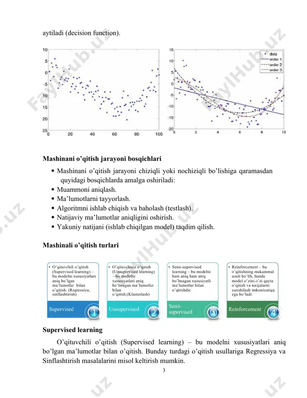 a g() – model θ0 va θ1 – model parametrlari 7.3-rasm. chiziqli regressiyaga misol regressiyaga misol (python muhitida) regressiyaga misol (nochiziqli) sinflash va klasterlashga misol o’qituvchili o’qitish algoritmlari linear regression nearest neighbor gaussian naive bayes decision trees support vector machine (svm) random forest ma’lumotlar to’plami (data set) data set - bu o’qitish uchun kerakli bo’lgan ma'lumotlar to'plamidir. boshqacha aytganda, ma'lumotlar to'plami ma'lumotlar bazasi jadvalining yoki bitta statistik ma'lumotlar matritsasining qiymatlarini hisoblanib, bunda jadvalning har bir ustuni ma'lum o'zgaruvchini yoki parametr (x1,x2, ,xn) qiymatini ifodalasa, har bir satr esa berilgan parametrlar asosidagi obyekt qiymatiga (x1,x2, ,xn) to'g'ri keladi. machine learning loyihalarida biz o'quv ma'lumotlari to'plamidan (training data set) foydalanamiz. bu turli xil harakatlarni bajarish uchun modelni o’qitish uchun ishlatiladigan haqiqiy ma'lumotlar to'plami hisoblanadi. mashinani o’qitish jarayonida va modelning to’liq ishlashini ta’minlash maqsadida quyidagi ma’lumotlar to’plami turlaridan foydalaniladi: · o’qituvchi to’plam, o’quv tanlanma (training set); · validatsiya to’plami (validation set); · testlash …