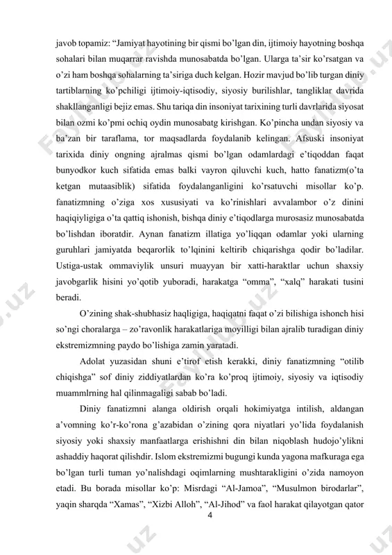 ing paydo bo’lishiga zamin yaratadi. adolat yuzasidan shuni e’tirof etish kerakki, diniy fanatizmning “otilib chiqishga” sof diniy ziddiyatlardan ko’ra ko’proq ijtimoiy, siyosiy va iqtisodiy muammlrning hal qilinmagaligi sabab bo’ladi. diniy fanatizmni alanga oldirish orqali hokimiyatga intilish, aldangan a’vomning ko’r-ko’rona g’azabidan o’zining qora niyatlari yo’lida foydalanish siyosiy yoki shaxsiy manfaatlarga erishishni din bilan niqoblash hudojo’ylikni ashaddiy haqorat qilishdir. islom ekstremizmi bugungi kunda yagona mafkuraga ega bo’lgan turli tuman yo’nalishdagi oqimlarning mushtarakligini o’zida namoyon etadi. bu borada misollar ko’p: misrdagi “al-jamoa”, “musulmon birodarlar”, yaqin sharqda “xamas”, “xizbi alloh”, “al-jihod” va faol harakat qilayotgan qator boshqa tashkilotlar filippindagi(mindanao oroli) “abu sayyor” guruhi va nihoyat afg’onistondagi “tolibon” harakati va u yerda panoh topgan “o’zbekiston islom harakati” jangarilari va hokazolar. hozirgi vaqtda diniy ekstremizmni keng yoyilishiga yoshlarimizning ongini zaharlab ularga turli xildagi kitoblar, varaqalar tarqatib terrorizmning yanda avj olishiga olib kelmoqda. ulrning ta’siriga tushib qolgan yoshlarimiz bu balodan qutula olmay, natijada o’z yurtlariga xiyonat qilib, …