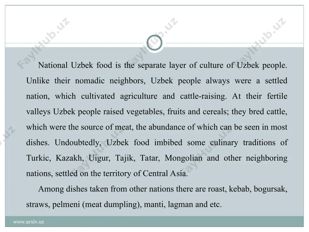 he part of mentality of uzbekistan people. traditionally plov is cooked by men www.arxiv.uz www.arxiv.uz there are over a thousand of recipes of cooking uzbek plov with various ingredients and even there are some cook books dedicated only to this dish. in various regions of uzbekistan, people have their own recipes of uzbek plov preparation. for instance, bukharan people prepare plov with green gram. samarkand plov is light, fergana plov is brown on the contrary. in samarkand people put meat, carrot, rice in layers and steam it. in tashkent plov all ingredients are roasted at the beginning. www.arxiv.uz www.arxiv.uz commonly uzbek plov is cooked with rice, fresh mutton or beef, yellow or red carrot, onions and vegetable oil. traditionally, uzbek plov is prepared in a deep cast-iron pot (kazan), which is uniformly warmed and a dish is not burnt. www.arxiv.uz www.arxiv.uz uzbek meat dishes main meat dishes of uzbek cuisine …