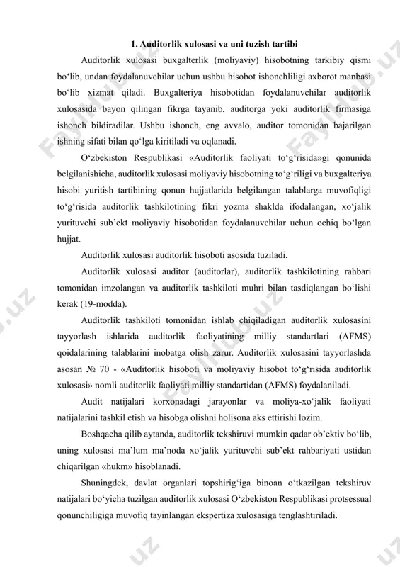 dan chiqarilgan «hukm» hisoblanadi. shuningdek, davlat organlari topshirig‘iga binoan o‘tkazilgan tekshiruv natijalari bo‘yicha tuzilgan auditorlik xulosasi o‘zbekiston respublikasi protsessual qonunchiligiga muvofiq tayinlangan ekspertiza xulosasiga tenglashtiriladi. auditorlik xulosasi uchta: kirish, ta’kidlovchi va yakunlovchi qismdan iborat bo‘lishi lozim. auditorlik xulosasining kirish qismida quyidagilar ko‘rsatiladi: · auditorlik tashkilotining yuridik manzili va telefonlar; · litsenziyasining tartib raqami; · auditorlik faoliyati bilan shug‘ullanish uchun litsenziya bergan organ nomi va berilgan vaqti, shuningdek, litsenziyaning amal qilish muddati; · auditorlik tashkilotini davlat ro‘yxatiga olish to‘g‘risidagi guvohnomasining raqami; · auditorlik tashkilotining hisob-kitob schyoti; · tekshiruvda ishtirok etgan barcha auditorlar hamda auditorlik tashkiloti rahbarining nasabi, ismi-sharifi. · auditorlik tekshiruvi o‘tkazish uchun asos va xo‘jalik yurituvchi sub’ektning umumiy tavsifi. shu bilan birga auditorlik xulosasining kirish qismida tekshiruvdan o‘tkazilgan moliyaviy hisobotlar ro‘yxati, sanasi va hisobot davri ko‘rsatilgan holda aks ettirilishi lozim. shuningdek, kirish qismida auditorlik tekshiruvidan o‘tkaziladigan hisobotning tayyorlanishi va ishonchliligi uchun ma’suliyat xo‘jalik yurituvchi sub’ekt rahbariyatiga yuklatilishi, mazkur moliyaviy hisobot …