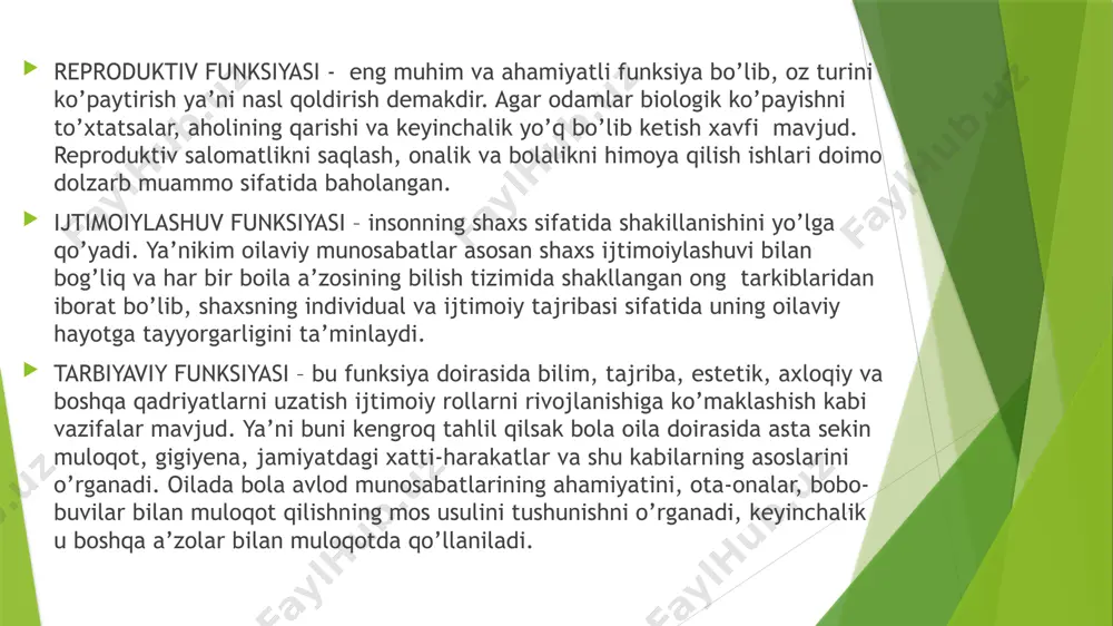 ko’ra baxtliroq narsa yo’q. har kim baxtni o’z oilasi bilan tasavvur qilishi tabbiy. zero, oila shaxsga o’zini baxtli his qildirishiga imkon beruvchi maskandir. jinsiy funksiya – jinsiy ehtiyojlarni qondirish demakdir ko’rib o’tganimizdek oilaviy funksiyalar jamiyatning birlamchi ijtimoiy birligi sifatida turlarning biologik yashab qolishi va madaniy tajribani uzatishning uzluksizligini ta’minlab berish kabi ko’plab funksiyalarni bajaradi. aynan oila ichidagi funksiyalar to’laqonli bajarilsagina shu orqali davlat va jamiyat ehtiyoj va manfaatlariga xizmat qilish qobiliyati rivojlanadi. ya’ni oila uzluksiz, uzviy ravishda ko’plab ehtiyojlarni qondirib borar ekan, unga mutanosib tarzda funksiyalar miqdori hukm surib turadi. oila funksiyalarining bajarilib borishi nafaqat uning oila a’zolari, balki butun jamiyat uchun nihoyatda muhim ahamiyat kasb etadi. oila o’z taraqqiyotining turli bosqichlarida tavsiflab o’tilgan funksiyalar ustuvor o’ringa ko’tariladi, mazkur funksiyalarning o’rin almashishi jamiyatda sodir bo’layotgan o’zgarishlar bilan chambarchas bog’liq ekanligini alohida ta’kidlab o’tish lozimdir. xulosa xulosa qilib aytadigan bo’lsak, oilaning asosiy va psixologik, ijtimoiy tavsifi va xususiyatlaridan biri – bu …