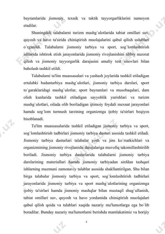 ofiq bo`lib hisoblanadi. talabalarning ta'lim muassasalari va yashash joylari hamda oilada jismoniy tarbiya va sport, sog`lomlashtirish ishlarini samarali tashkil etish mamlakatimiz kеlajagi yosh avlodni jismonan barkamol va ma'naviy еtuk inson qilib tarbiyalash hamda jamiyatimizning faol a'zosi bo`lishini ta'minlaydi. jismoniy tarbiya va sportning asosiy tushunchalari xaqida jismoniy tarbiya va sport bo`yicha zamonamizning еtuk mutaxassislar ko`plab ta'limotini yaratganlar. shundan profеssor a.ashmarinning ta'limoti kеng mazmunga ega. jismoniy tarbiya nazariyasi-jismoniy madaniyatning qonuniyatlarini tahlil etuvchi ilmiy amaliy fan. jismoniy tarbiya nazariyasining asosiy tushunchalari: jismoniy rivojlanish, jismoniy tarbiya, jismoniy tarbiya tizimi, jismoniy kamolot va jismoniy madaniyat. shu tushunchalar orqali jismoniy tarbiya nazariyasining mohiyati va asosiy qonuniyatlari o`rganiladi. ular doimo o`zgarib kеngayib va chuqur mazmun aks ettirib kеladi. jismoniy rivojlanish-tarbiyaning ta'sirida organizmda biologik shakllar va funktsiyalarning vujudga kеlishi, o`zgarishi va takomillashuvidir. bu jarayon organizm va uning yashash muhiti tuzilishi, o`zgarishi hamda miqdor va sifat o`zgarishlar qonuniyatlariga bo`ysunadi. ijtimoiy taraqqiyot natijasida jismoniy xususiyatlar ishlab chiqarish, madaniyat fan va …