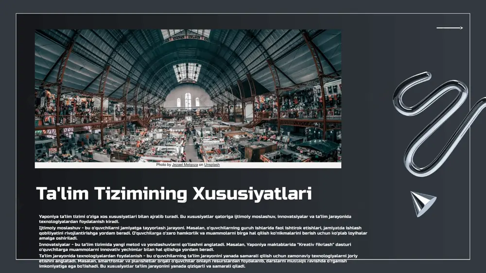 a bo'lgan qiziqishini oshirishi mumkin. yaponiya ta'lim tizimida qiyinchiliklar ko'plab o'quvchilar va o'qituvchilar uchun muammo keltirib chiqaradi. stress darajasi, o'zaro raqobat, va yuqori kutishlar o'quvchilarda ruhiy salomatlik muammolariga sabab bo'lmoqda. ta'limda tengsizlik esa ba'zi o'quvchilarni orqada qoldiradi. innovatsiyalarni qabul qilishdagi qiyinchiliklar esa ta'lim jarayonining zamon talablariga mos kelmasligiga olib kelmoqda. muammolarni hal etish uchun o'qituvchilarni malakasini oshirish, ta'lim dasturlarini modernizatsiya qilish va ijtimoiy qo'llab-quvvatlash tizimini kuchaytirish zarur. yapon ta'limining tarixi yapon ta'limining dastlabki shakllari. yapon ta'limi qadimgi davrlarda samuraylar va diniy rahbarlar tomonidan boshqarilgan. bu davrda ta'lim asosan axloqiy qadriyatlar va madaniyatni o'rganishga qaratilgan edi. edo davrida ta'limning rivojlanishi. edo davrida maktablar ochilib, ta'lim olish imkoniyatlari kengaydi. yosh avlodga yangi bilimlar va ko'nikmalarni o'zlashtirish uchun imkoniyatlar yaratildi, shuningdek, madaniy tadbirlar ham rivojlandi. meiji davrida ta'lim islohotlari. meiji davrida ta'lim tizimi yangilandi va g'arbiy ta'lim tamoyillari bilan birlashtirildi. maktablar majburiy ta'lim tizimiga o'tdi va ta'lim sifatini oshirishga qaratilgan bir qator islohotlar …