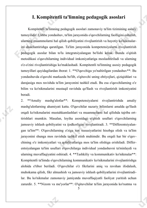 iyalar qo'llaniladi. masalan, o'qituvchilar o'quvchilarni kichik guruhlarga bo'lish orqali, har bir guruhga mos keladigan vazifalarni berishlari mumkin. bu usul o'quvchilarga o'zaro fikr almashish, bir-biridan o'rganish va o'z bilimlarini amaliyotda qo'llash imkoniyatini beradi. bundan tashqari, differensiyalangan ta'limda o'quvchilarning o'z-o'zini nazorat qilish imkoniyatlariga ham e'tibor qaratiladi. o'qituvchilar o'quvchilarga o'z ehtiyojlariga mos keladigan o'quv materiallarini tanlash imkonini berish orqali, ularni o'z-o'zini boshqarish va mustaqil fikrlashga undaydilar. bu esa o'quvchilarning o'ziga bo'lgan ishonchini oshiradi va o'qishga bo'lgan motivatsiyasini kuchaytiradi. differensiyalangan ta'lim usullari, shuningdek, o'quvchilarning o'z qobiliyatlarini rivojlantirishda muhim rol o'ynaydi. har bir o'quvchining qobiliyatlari va imkoniyatlari har xil bo'lishi sababli, o'qituvchilar o'z darslarini shunday tashkil etishlari kerakki, har bir o'quvchi o'z salohiyatidan to'liq foydalanish imkoniyatiga ega bo'lsin. misol uchun, ba'zi o'quvchilar vizual materiallar orqali yaxshiroq o'rganishlari mumkin, boshqalari esa amaliy tajribalar orqali o'z bilimlarini mustahkamlashni afzal ko'rishlari mumkin. bu yondashuv, o'quvchilarning o'z o'rganish jarayonida faol ishtirok etishlariga yordam beradi. differensiyalangan ta'lim usullarining qo'llanilishi natijasida …