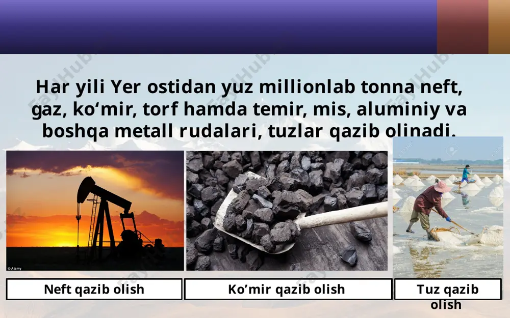 turgan va bir-biri bilan tutashibketgan suvli hudud. dunyo okeani to‘rtta — tinch, atlantika, hind va shimoliy muz okeanlaridan iborat. dunyo okeani yer yuzining 71 foiz (%) ini, quruqlik esa 29 % ini egallagan. tog‘ va tekisliklar quruqlik relyefining asosiy shakllari hisoblanadi. tog‘lar yerning ichki kuchlari ta’sirida hosil bo‘ladi. tekisliklar tog‘larning yemirilishi va yemirilgan jinslarning chuqurliklarni to‘ldirishidan vujudga keladi. tekisliklar yuzasi tekis yoki biroz past-baland yerlardir. dunyodagi eng katta tekisliklar: turon, amazonka, g‘arbiy sibir va sharqiy yevropa tekisliklaridir yer yuzining dengiz sathidan 500 m dan ortiq baland bo‘lgan joylariga tog‘lar deyiladi. dunyodagi eng baland nuqta himolay tog‘laridagi jomolungma cho‘qqisi bo‘lib, balandligi 8 848 m. bu cho‘qqini o‘zbekistondan birinchi bo‘lib, 1998-yilning 22-mayida rustam rajabov zabt etgan. agar tekisliklarning dengiz sathidan balandligi 200 m dan oshmasa, ular pasttekislik deyiladi. 38-rasm. tekisliklarning balandliklarga qarab har xil atalishi. pasttekislik qirlar yassi tog‘lik tekisliklar balandligi 200 m d an 500 m gacha bo‘lsa, ular qirlar deb …