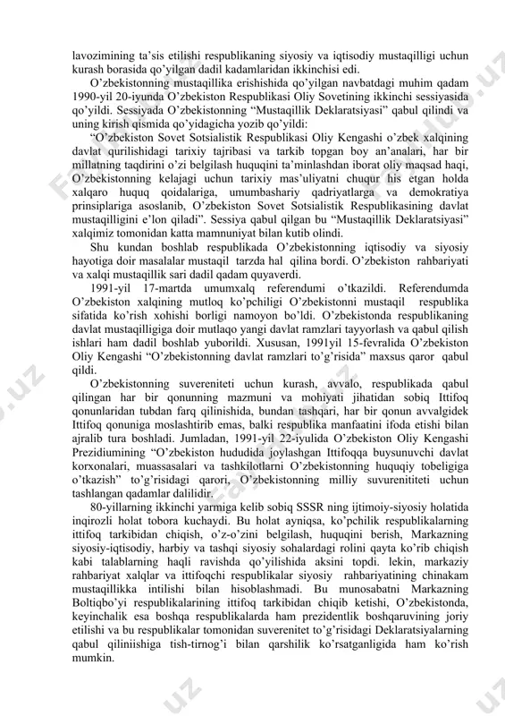 saylanishi bu sohadagi adolatsizliklarga barham berishiga olib keldi, adolat tiklandi. i. karimov xalq xohish-irodasini bajarib, o’zbek tiliga davlat tili maqomini berish ishiga boshchilik qildi. 1989-yil 21-oktabrda respublika oliy kengashi o’zbekistonning davlat tili haqida qonun qabul qildi. siyosiy, iqtisodiy, ijtimoiy va madaniy hayotning barcha sohalarida o’zbek tili to’la amal qilishi qonunlashtirildi. bu qonunning qabul qilinishi mamlakatimizning mustaqillik sari tashlagan birinchi qadami bo’ldi. 90-yillarning boshlariga kelib o’zbekistonda xalqning mustaqillika erishishidan iborat azaliy orzusini amalga oshirish kun tartibidagi bosh masala bo’lib qoldi. mamlakatda shunday vaziyat vujudga keldiki, bir tomondan, “zo’rovonlikka asoslangan, ma’muriy-buyruqbozlikka xos bo’lgan markazlashgan davlat saqlanib qoladimi yoki demokratik jarayonlar chuqurlashishi evaziga ittifoqdagi respublikalar suvereniteti ta’minlanadimi, degan masala dolzarb bo’lib qoldi. ikkinchi tomondan, o’sha davrdagi markaziy davlat rahbariyati mamlakat ichkarisidagi vaziyatni to’g’ri baholay olmadi, milliy respublikalarda mustaqillikka erishish tobora kuchayib borayotganining oldini ololmay qoldi. 1990-yil boshida o’zbekistonda boshqaruvning prezidentlik shakli masalasi ko’tarildi. respublikada boshqaruvning shunday shaklining joriy etilishi, avvalo, siyosiy, ijtimoiy-iqtisodiy, millatlararo …