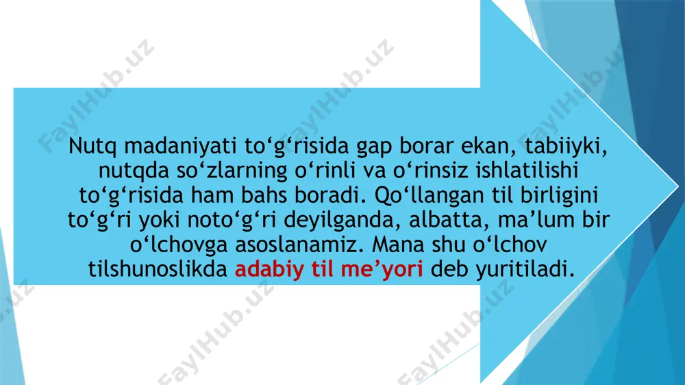 ta’sirida kuchsizlangan. aytish mumkinki, hozirgi kunda o‘zbek tilining yetakchi shevalarida qaratqich kelishigi tushum kelishigi bilan aynan bir xil shaklda qo‘llanadi (daraxtni bargi, kitobni o‘qimoq kabi). o‘zbek tilining o‘ziga xos so‘z yasalishi me’yorlari mavjud. har qanday yasaladigan so‘z shu me’yorlar doirasida bo‘lmog‘i shart. bu me’yorlarga amal qilinmasdan yasalgan so‘z tilning lug‘at tarkibidan o‘rin ololmaydi. masalan, -gich (-g‘ich, -qich, -kich) qo‘shimchasi faol yasovchi qo‘shimchalardan bo‘lib, tilimizdagi mavjud so‘z yasalish me’yorlariga ko‘ra fe’lga qo‘shiladi va narsa-qurol, ya’ni fe’ldan anglashilgan harakatni bajaruvchi qurol otini yasaydi: suzgich, tekislagich, chizg‘ich, qirg‘ich, qisqich, ko‘rsatkich kabi. o‘zbek tilida quyidagi nutq uslublari farqlanadi: 1) so‘zlashuv uslubi, 2) rasmiy uslub, 3) ilmiy uslub, 4) publitsistik uslub, 5) badiiy uslub. bu uslublarning har biriga xoslangan grammatik shakllar, so‘z, so‘z birikmasi, gap va intonatsion vositalar mavjud. ana shu xoslanish o‘zbek adabiy tili uslubiy me’yorlarining asosidir. aniqroq aytiladigan bo‘lsa, uslubiy me’yorlar muayyan sohadagi aloqani ta’minlaydigan nutqning mazmuni, maqsadi va vazifasi uchun mos keladigan …