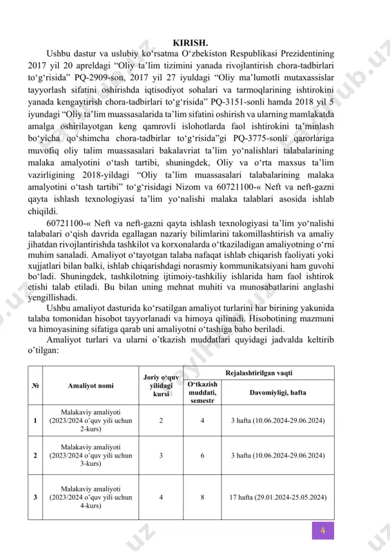 aol ishtirok etishi talab etiladi. bu bilan uning mehnat muhiti va munosabatlarini anglashi yengillishadi. ushbu amaliyot dasturida ko‘rsatilgan amaliyot turlarini har birining yakunida talaba tomonidan hisobot tayyorlanadi va himoya qilinadi. hisobotining mazmuni va himoyasining sifatiga qarab uni amaliyotni o‘tashiga baho beriladi. amaliyot turlari va ularni o’tkazish muddatlari quyidagi jadvalda keltirib o’tilgan: № amaliyot nomi joriy o‘quv yilidagi kursi rejalashtirilgan vaqti o‘tkazish muddati, semestr davomiyligi, hafta 1 malakaviy amaliyoti (2023/2024 o’quv yili uchun 2-kurs) 2 4 3 hafta (10.06.2024-29.06.2024) 2 malakaviy amaliyoti (2023/2024 o’quv yili uchun 3-kurs) 3 6 3 hafta (10.06.2024-29.06.2024) 3 malakaviy amaliyoti (2023/2024 o’quv yili uchun 4-kurs) 4 8 17 hafta (29.01.2024-25.05.2024) 1-bob. 2-kurs uchun ishlab chiqarish amaliyoti 1.1-§. amaliyotning maqsad va vazifalari malakaviy amaliyoti o‘quv jarayonining asosiy qismlaridan biri hisoblanadi. 60721100 -«neft va neft-gazni qayta ishlash texnologiyasi bakalavriat ta’lim yo‘nalishi talabalari uchun 2-kurs 4-semestrida o‘tkazishi o‘quv rejaga muvofiq belgilangan. amaliyotga talaba o‘quv rejasiga binoan 3 haftaga ishlab …