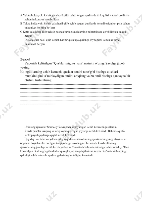 ---------------------------------------------------------------------------------------------------------------------------------------------------------------------------------------------------------------------------------------------------------------------- oltinrang rjankalar shimoliy yevropada kopayadigan uchib ketuvchi qushlardir. kuzda qushlar issiqroq va oziq koproq bo‘lgan joylarga uchib ketishadi. bahorda qush- lar kopayish joylariga qaytib uchib kelishadi. quyidagi xaritalar on yildan ortiq vaqt davomida oltinrang rjankalarning migratsiyasi- ni organish boyicha olib borilgan tadqiqotlarga asoslangan. 1-xaritada kuzda oltinrang rjankalarning janubga uchib ketish yollari va 2-xaritada bahorda shimolga uchib kelish yo‘llari korsatilgan. kulrangdagi hududlar quruqlik, oq rangdagilari esa suvdir. ko‘rsat- kichlarning qalinligi uchib ketuvchi qushlar galasining kattaligini korsatadi. a xaritalar so‘nggi o‘n yil ichida janub tomonga uchib ketadigan oltinrang rjankalar sonining kamayganligini ko‘rsatmoqda b.xaritalar ba’zi oltinrang rjankalarning shimolga uchib kelish yo‘llari janubga uchib ketish yo‘llaridan farq qilishini ko‘rsatmoqda c..xaritalar uchib ketuvchi oltinrang rjankalar qishni o‘zlari ko‘payadigan yoki uya quradigan hududdan janubda va janubi g‘arbda o‘tkazishlarini ko‘rsatmoqda d.xaritalar so‘nggi o‘n yil ichida oltinrang rjankalarning uchib ketish yo‘llari qirg‘oq- bo‘yi hududlaridan uzoqlashganini ko‘rsatmoqda. image1.emf image2.png