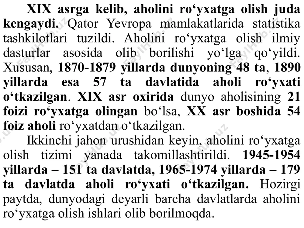 i. kritik momentda tug‘ilganlar ro‘yxatga kiritiladi, kritik momentdan keyin tug‘ilganlar ro‘yxatga kiritilmaydi. kritik momentgacha vafot etganlar ro‘yxatga kiritilmaydi, lekin kritik momentdagi kishi vafot etganda esa tiriklar qatorida ro‘yxatga kiritilgan bo‘ladi. aholi ro‘yxati ko‘p hollarda yashash joylarida o‘tkazilgani sababli kritik moment sifatida kechki soat 12 olinadi, ba’zi hollarda bundan chekinish ham mumkin, lekin natija ko‘ngildagidek bo‘lmaydi. ro‘yxatga olish kunini belgilashda quyidagilar e’tiborga olinadi: aholi kamroq harakat qiladigan kun bo‘lishi; hisobchilarning ish sharoiti va harakat qilish usuli ro‘yxatga olish uchun qulay bo‘lishi; aholi ro‘yxati boshqa ro‘yxatlar bilan birga o‘tkazilganda ikkinchi tomonning manfaati ham e’tiborga olinishi; ro‘yxatga olinadigan kun yil boshlarida bo‘lgani ma’qul, chunki yil boshida aholi bo‘yicha lozim bo‘lgan hisob-kitoblarni amalga oshirish osonroq kechadi. dunyoning ko‘p mamlakatlarida (turkiya, iroq, liviya, paragvay va h.k.) aholi ro‘yxatga olish bir kunda o‘tkaziladi. shu kuni hukumatning maxsus qarori bilan aholining uydan chiqishi (ro‘yxatdan o‘tmaguncha) man etiladi. ro‘yxatga olishning bunday usulda o‘tkazilishi, aholi uchun noqulaylik yaratadi va …