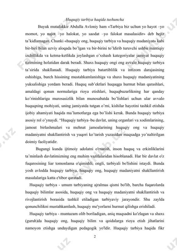or qaratadi. huquqiy tarbiya - umum tarbiyaning ajralmas qismi bo'lib, barcha fuqarolarda huquqiy bilimlar asosida, huquqiy ong va huquqiy madaniyatni shakllantirish va rivojlantirish borasida tashkil etiladigan tarbiyaviy jarayondir. shu zaylda qonunchilikni mustahkamlash, huquqiy me'yorlarni hurmat qilishga erishiladi. huquqiy tarbiya - muntazam olib boriladigan, aniq maqsadni ko'zlagan va shaxs (guruh)da huquqiy ong, huquqiy bilim va qoidalarga rioya etish jihatlarini namoyon etishga undaydigan pedagogik yo'ldir. huquqiy tarbiya haqida fikr yuritilar ekan, avvalambor, huquq so'zining ma'nosi nima va u nimani anglatishini bilishimiz lozim. huquq - jamiyat a’zolari rivojlanishini, jamiyatda tartib o'rnatishni tashkil etish, ijtimoiy munosabatlarni tartibga solish vositasidir. huquq - ijtimoiy va yuridik mazmunga ega shaxsning xulq-atvori, axloq, urf-odatlar, an'analar nuqtayi nazaridan asoslangan hollarda umum ijtimoiy ma’nodagi huquq tushuniladi. bunga millatlarning o'z taqdirini o'zi belgilash huquqi ham kiradi. huquq to'g'risida yuridik hodisa sifatida fikr yuritilganda davlat hokimiyatining qonunlari, huj jatlari, shaxsning erkinligi, xulq-atvor majburiyatlari majmuasini nazarda tutamiz. huquqning vujudga kelishi to'g'risida turli xil …