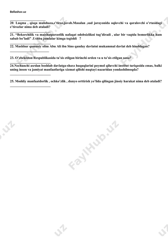 atifikatsiya qilish d. mulkka band solish 10. mashhur qomusiy olim abu ali ibn sino huquqshunoslikka oid qaysi g’oyalari bilan o’z davrida shuhrat qozonadi ? 1. odil hukmdor. 2. davlat boshqaruvi. 3. jamiyat . 4. fuqarolik. 5. qonunlar yaratish tamoyillari. 6. davlatning ichki va tashqi faoiyati nazariyasi. a) 1.2.4 b) 2.3.4 c) 2.4.5 d) 2.3.6 11. o’zbekiston respublikasida soliq qonunchiligi quydagi qaysi prinsiplar asosida tuziladi ? 1. majburiylik , 2. aniqlilik, 3. adolatlilik, 4. yagonalik, 5. qonun hujjatlarining oshkoraligi, 6.soliq to’lovchining haqligi prezumpsiyasi, 7. o’zgarmaslik, 8. soddalilik . a) 1, 2, 5, 6, 7, 8 b) 1, 2, 3, 4, 5, 6 c) 1, 2, 4, 5, 6, 7 d) 1, 3, 4, 5, 6, 8 12. fransuzchadan tarjima qilinganda naqd, daromat ma’nolarini anglatuvchi atama nima deb ataladi ? a). soliq b). byudjet c). kredit d). moliya 13.qaysi o’rta asr sharq mutafakkiri davlat,davlatni boshqarish shakllari,davlatning vazifalari va boshqa shu singari ta’rif …