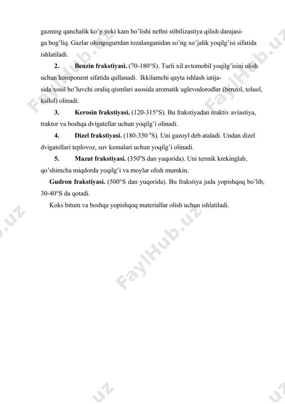 lan jihozlangan kolonna tipidagi vertikal stilindrik shakldagi qurilmada olib boriladi. rektifikastiya jarayonida qarama-qarshi xarakatlanayotgan bug’ va suyuq fazalar ko’p marta bir-birlari bilan to’qnashadi, bug’ faza past temperaturada qaynaydigan komponent bilan, suyuq faza yuqori temperaturada qaynaydigan komponent bilan boyitiladi. neftni birlamchi haydash atmosfera sharoitida, qoldiq qismi esa vakuumda haydaladi. haydashdan hosil bo’lgan distillyatlar tarkibidan yengil komponentlarni chiqarish uchun “o’ta qizdirilgan bug’ aralashtiriladi”.suv bug’ining sarfi atmosfera kolonnasi uchun neftga nisbati 1,5-2,0 % (mass), bug’latuvchi kolonnada esa 2,0-2,5 % (mass) ni tashkil etadi. neftni atmosferali haydash qurilmalarida asosan neftdan yoki neft aralashmasidan to’rt distillyatli frakstiya va qoldiq mazutga ajratiladi. uglevodorodli gazlar va vodorod sulfidli gazlar yonaki maxsulot hisoblanadi. qurilma texnologik sxemasi quyidagi 6-rasmda tasvirlangan. xom ashyoni ikki karra bug’latishda ikki kolonnali (birinchisi -oddiy, ikkinchisi - murakkab) qurilma texnologik tizimini ko’rib chiqamiz. neft birinchi (oddiy) rektifikatsion kolonnaga kelguncha bir yoki bir necha oqimda issiklik almashtirgichlarda 200 – 2200c temperaturada qizdiriladi. birinchi kolonna yuqori mahsulotlari …