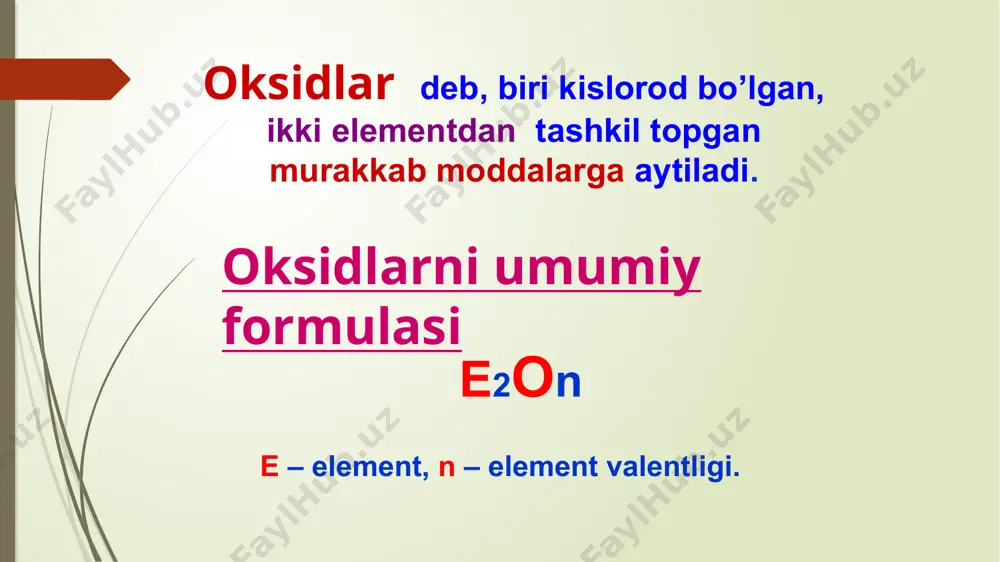 di va havoga kislorodni ajratib chiqaradi. co2 vulqon gazlari tarkibida ham uchraydi. “quruq muz” ham uglerod (iv)-oksid hisoblanadi.suv muzidan farq qilib “quruq muz” suvda cho’kadi. yonayotgan benzinni “quruq muz”da tezroq o’chirish mumkin. “quruq muz” asosan turli xil mahsulotlarni saqlashda va muzlatishda ishlatiladi. “quruq muz”ning yana bir asosiy maqsadi - u mahsu-lotlarni saqlabgina qolmas-dan, balki uni buzilishini oldini oladi. kremniy (iv)- oksid. sio2 kremniy (iv)- oksid asosan qum shaklida uchraydi.qum eng muhim qurilish materiallaridan hisoblanadi.kremniy bu oksidining kristall tuzilishi o’ziga xos bo’lgan turi kvars deb atalib, ultrabinafsha nur bilan ishlovchi asboblarda qo’llaniladi.qiyin suyuqlanuvchan bo’lganligi undan kimyoviy shisha idishlar tayyorlash imkonini beradi. kvarsning turli tabiiy ko’ri-nishlari:ametist, sapfir, xal-sedon,yoqut minerallari-qimmatbaho va yarim qim-matbaho zargarlik toshlari sifatida ham ishlatiladi. kalsiy oksid - cao. bu oksid so’ndirilmagan ohak yoki mahalliy tilda ohak deb ata-ladi. tabiatda keng tarqalgan ohaktoshni kuydirib olinadi. qu-rilish sanoati uchun asosiy xo-mashyo materiali bo’lib hisobla-nadi. undan turli qorishmalar, sement tayyorlanadi. tuproq-ning kislotaliligi …