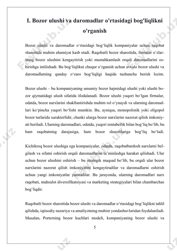 shakllantirishda muhim rol o‘ynaydi va shuning uchun yuqori daromadlar olish imkoniyatiga ega bo‘lishadi. boshqacha tariqa aytganda, ular narxlarni belgilashda monopolistik imkoniyatlarga ega bo‘lib, o‘zining strategik pozitsiyasidan foydalanib, yuqori rentabellikni ta’minlay oladilar. masalan, texnologik yoki brendli kompaniyalar, bozor ulushlarini kengaytirish uchun reklama va marketingga katta miqdorda sarmoya kiritadilar, bu esa ularning daromadlarini oshirishga xizmat qiladi. ikkinchidan, raqobat sharoitida kompaniyalar narx raqobatiga duch keladilar. narx urushlari va narxlarni pasaytirish orqali mijozlarni jalb qilish strategiyasi, odatda, qisqa muddatli daromadlarni oshirish imkonini berishi mumkin. biroq, bu strategiya uzoq muddatda rentabellikni pasaytirishi va kompaniyaning moliyaviy barqarorligini xavf ostiga qo‘yishi mumkin. shu sababli, firmalar mahsulot sifatini yaxshilash, xarajatlarni optimallashtirish va innovatsion texnologiyalarni joriy qilish orqali raqobatbardoshligini oshirishga intiladilar. bu usullar ular uchun narxlarni barqaror saqlash va daromadlarni uzluksiz oshirish imkonini beradi. uchinchi jihatdan, raqobatli bozor sharoitida daromadlar faqat narx strategiyasi bilan chegaralanmaydi. mahsulot diversifikatsiyasi, yangi bozorlar va tarmoq kengaytirilishi ham daromadlarni oshirishga xizmat qiladi. kompaniyalar o‘z …
