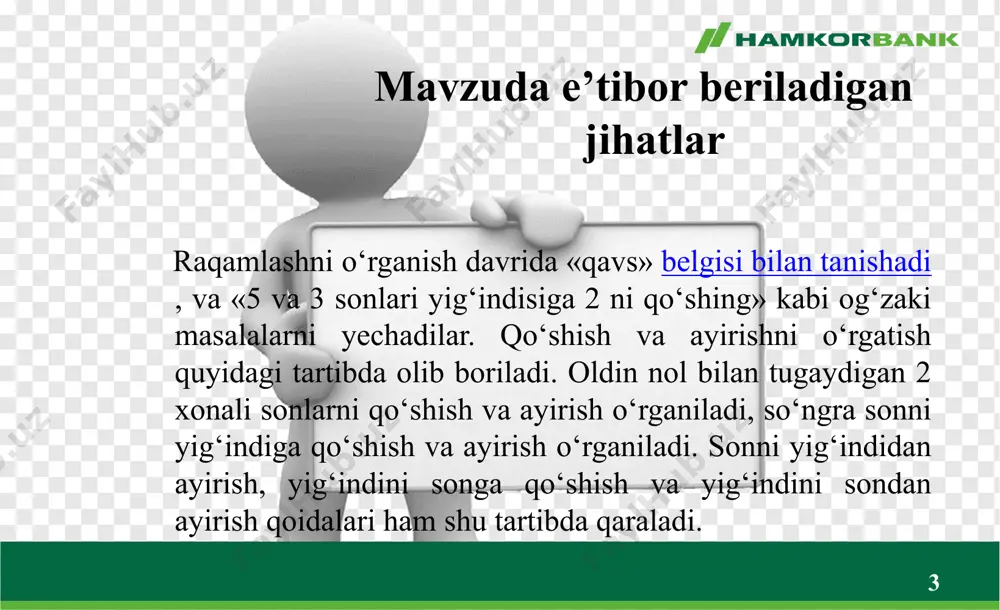 100 lik soni ichida qo'shish va ayirish dars ishlanma 1-sinf - Page 3
