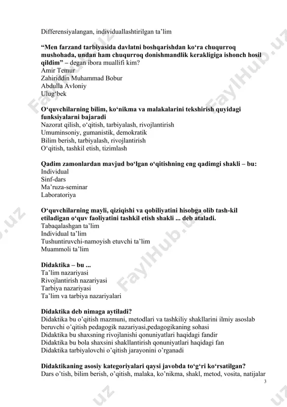 kum, seminar, amaliy mashg‘ulot va konsultatsiyalar – bu: ta’limni tashkil etish shakllari ta’lim usullari ta’lim qonuniyatlari va tamoyillari ta’lim vositalari dtsni bajarish qanday ta’lim muassasalari uchun majburiydir? o’zbekiston respublikasidagi barcha ta’lim muassasalari uchun davlat ta’lim muassasalari uchun nodavlat ta’lim muassasalari uchun xalq ta’limi hamda oliy va o’rta maxsus ta’lim vazirliklari tasarrufidagi ta’lim muassasalari uchun jalloliddin davoniyning “axloqi jaloliy” asari uch qismdan iborat. uning birinchi qismi qaysi fanga taaluqli? ahloq ilmiga ta’limga oila tarbiyasiga iqtisodiyotga jahon ilmida “muallimi soniy” (“ikkinchi muallim”) nomiga musharraf bo’lgan donishmand kim? abu nasr farobiy konfutsiy imom al-buxoriy imom at-termiziy zardushtiylik axloqining asosi - bu ... ezgu fikr, ezgu kalom, ezgu amal ezgu niyat, ezgu kayfiyat, ezgu amal falsafa, siyosat, e’tiqod saodat, e’tiqod , tafakkur «xalqimiz tayanchi - ajdodlarimiz qoldirgan ma’naviy merosning o‘zi bir hazina. bu hazinadan oqilona foydalanish lozim» - iborasi islom karimovning qaysi asarida ta’kidlangan? buyuk maqsad yo‘lidan og‘ishmaylik tarixiy xotirasiz – kelajak yo‘q amir …