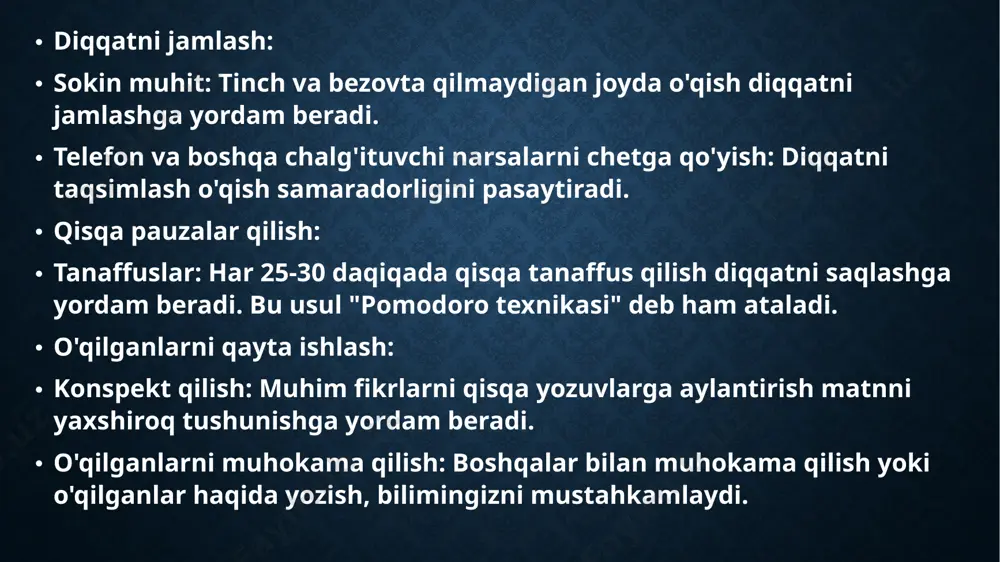 . stressni boshqarish: dam olish va meditatsiya: o'qish oldidan qisqa meditatsiya yoki chuqur nafas olish mashqlari diqqatni oshiradi va stressni kamaytiradi. jismoniy faoliyat: muntazam jismoniy mashqlar diqqatni va idrok etishni yaxshilaydi. ushbu qo'shimcha tavsiyalar va strategiyalar ongli o'qishni taminlashda yordam beradi va o'qish jarayonini yanada samarali qiladi. image2.jpeg /docprops/thumbnail.jpeg